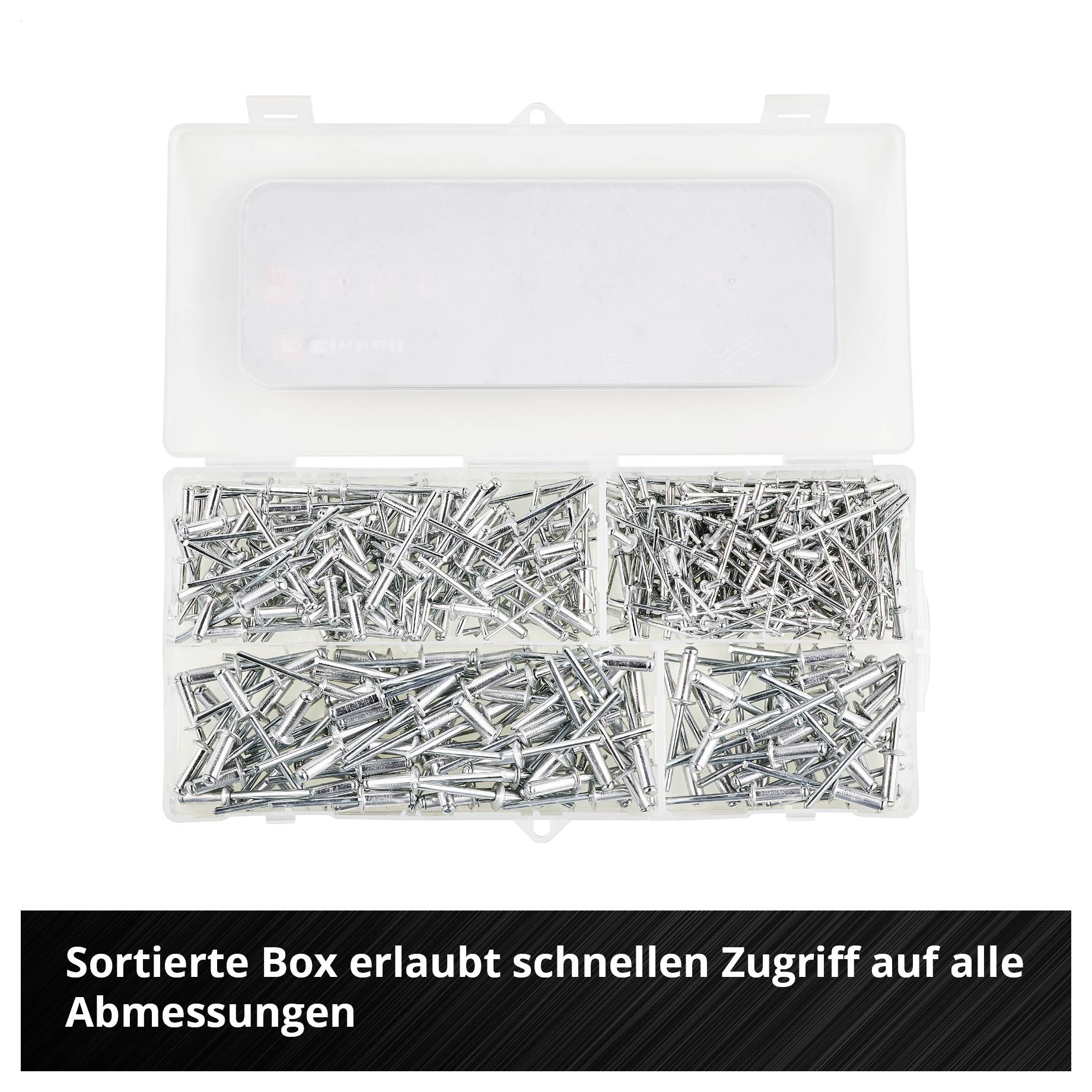 Sortierte Kunststoffbox mit vier Fächern voller Schrauben in verschiedenen Größen; darunter Text: 'Sortierte Box erlaubt schnellen Zugriff auf alle Abmessungen'