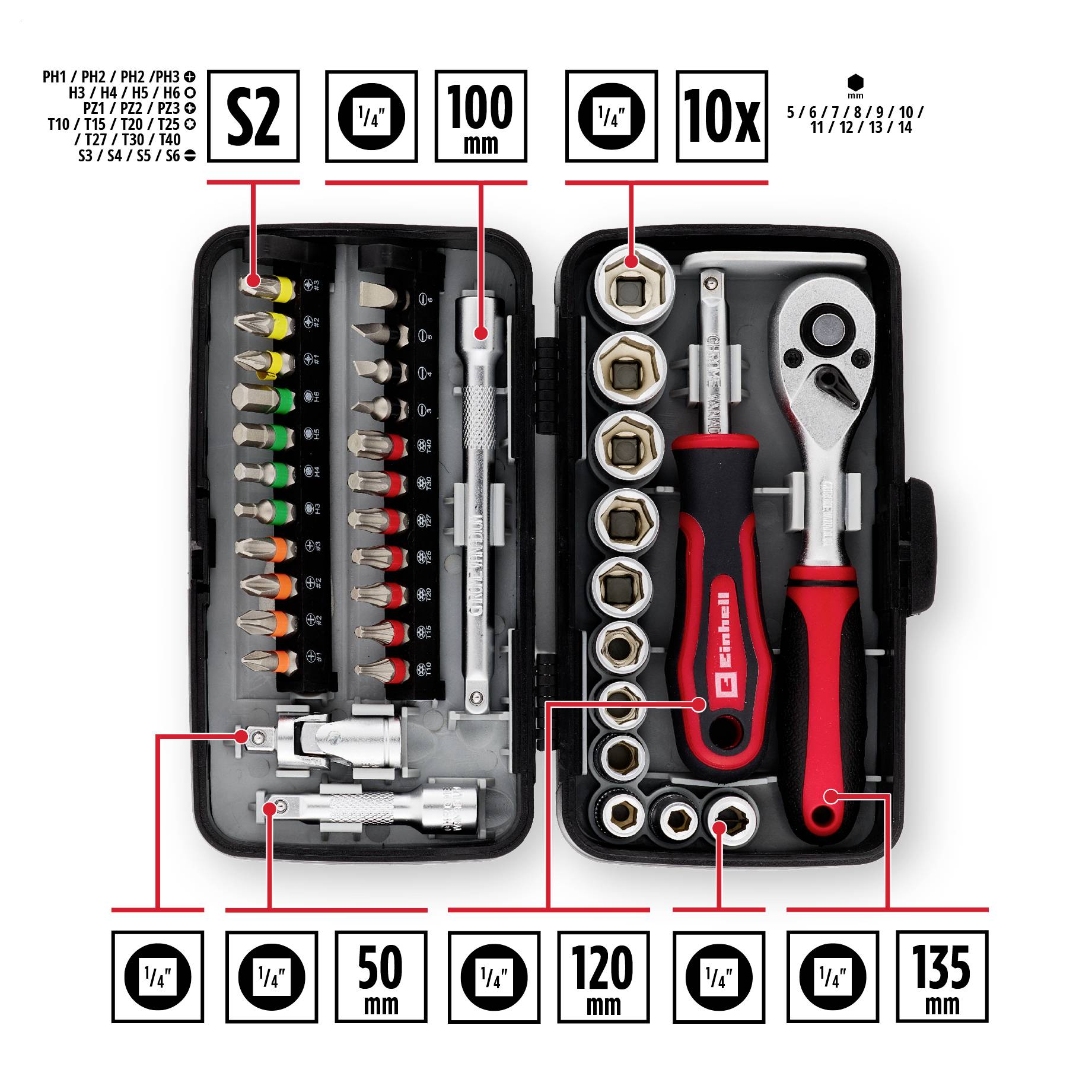 Offene Werkzeugkiste mit Schraubendreher-Bits, Sechskant-Steckschlüsseln, Verlängerungen, Ratsche und Griff, gekennzeichnet mit Größen und Antriebstypen.