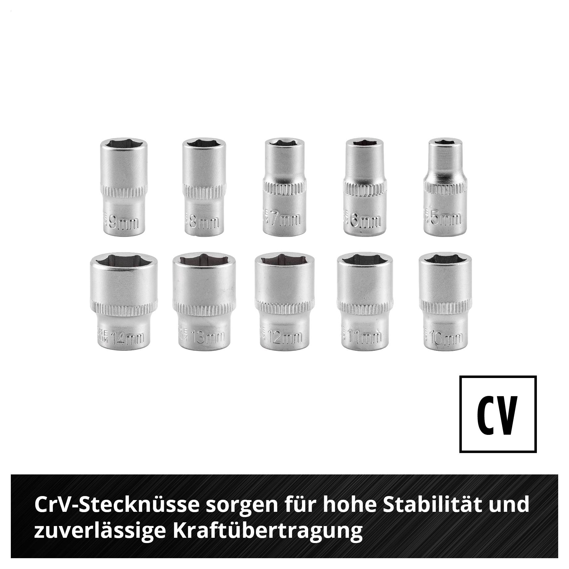 Bild mit verschiedenen silbernen CrV-Stecknüssen in unterschiedlichen Größen; unten Text: 'CrV-Stecknüsse sorgen für hohe Stabilität und zuverlässige Kraftübertragung'.<br>