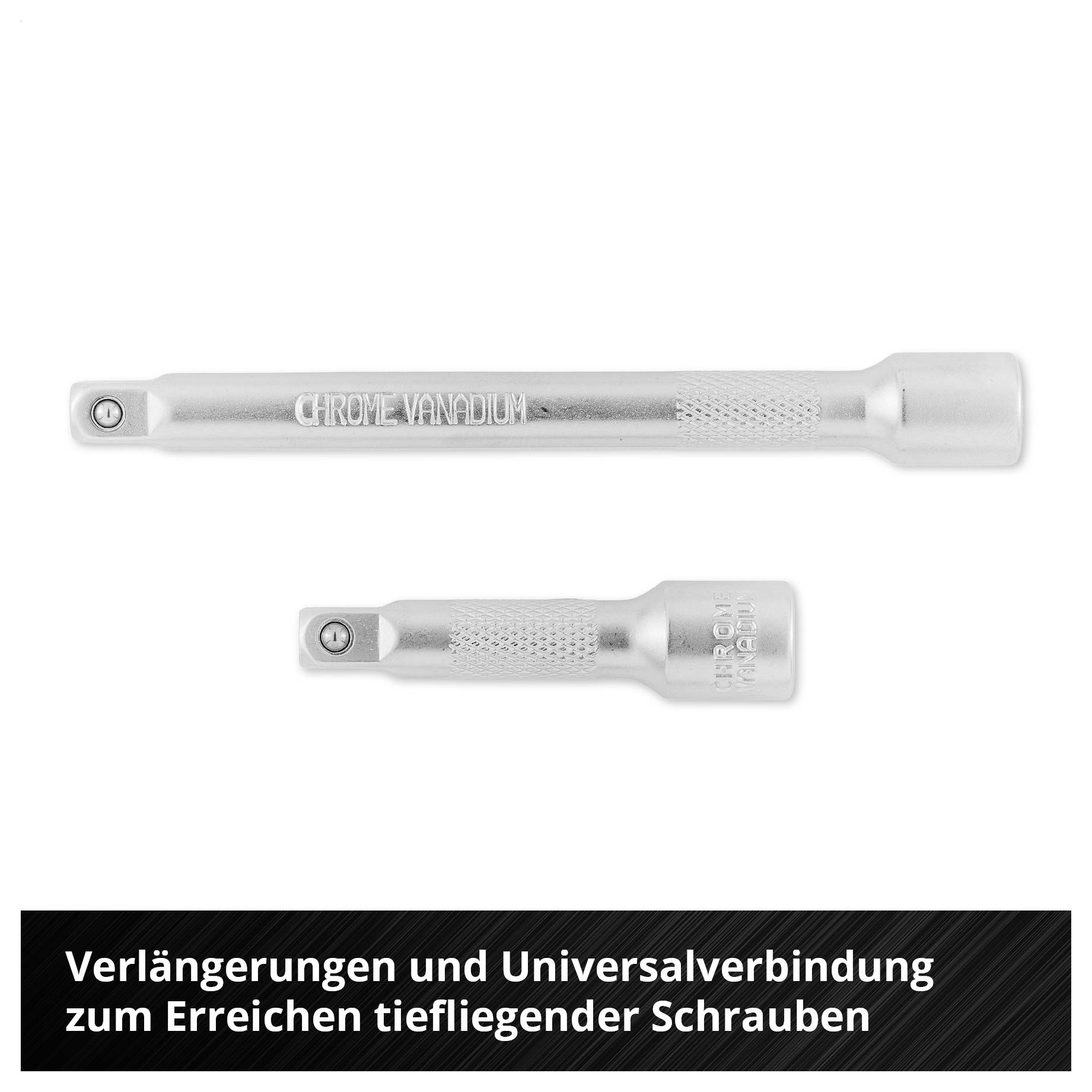 Zwei silberne Verlängerungen für Steckschlüssel; Text: 'Verlängerungen und Universalverbindung zum Erreichen tiefliegender Schrauben'.