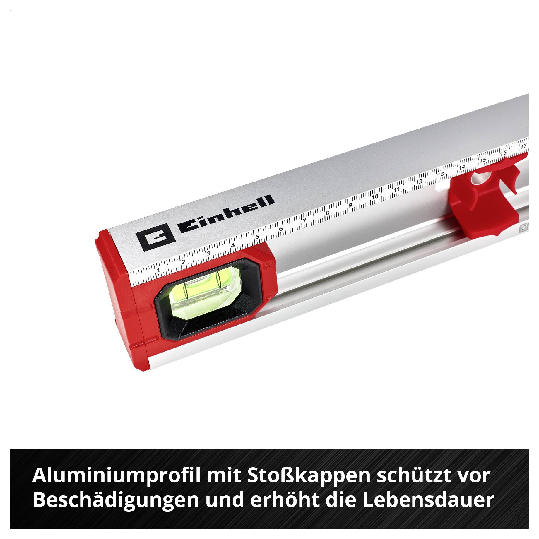 Einhell-Wasserwaage aus Aluminium mit Stoßkappen und Libelle; schützt vor Beschädigungen und erhöht die Lebensdauer.
