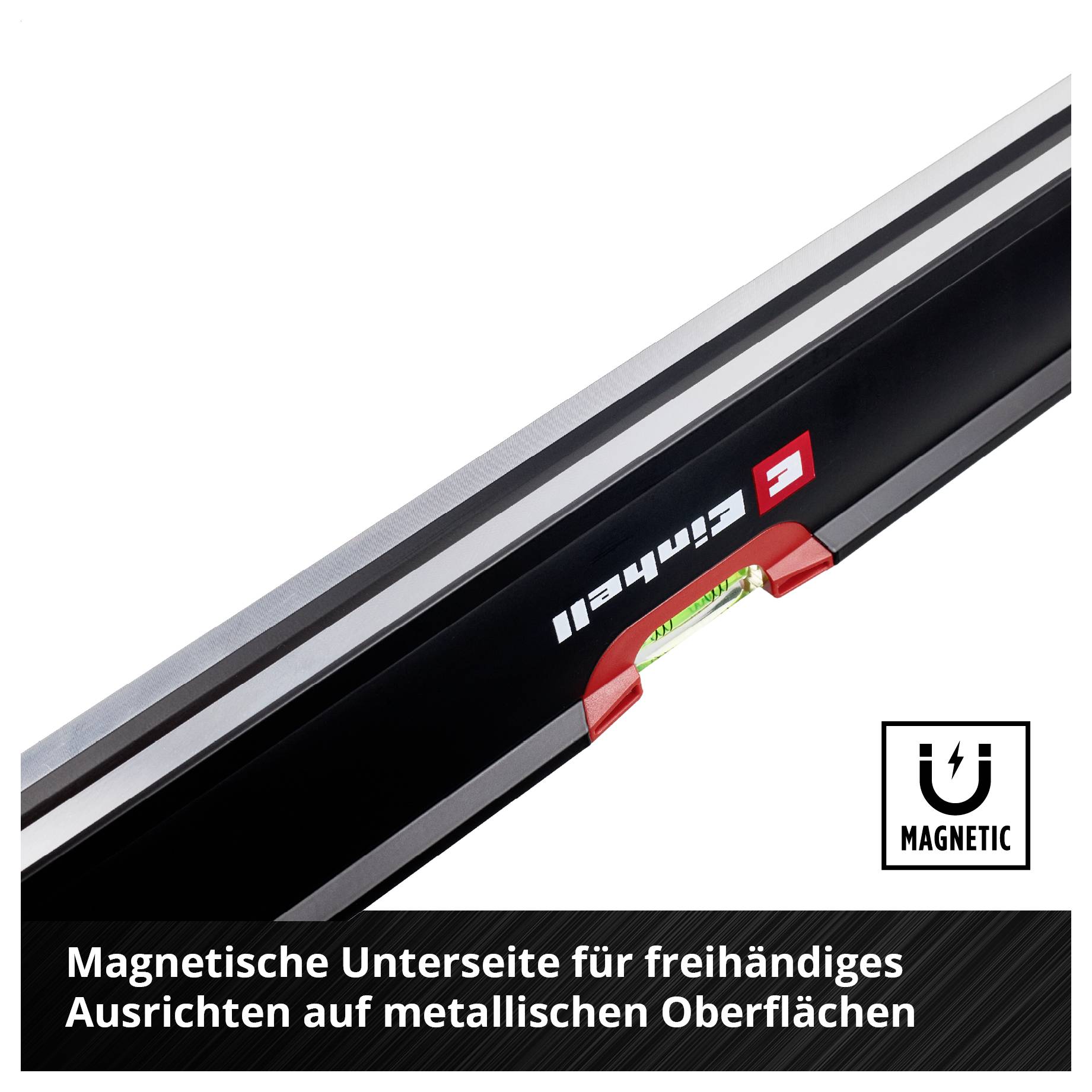 Schwarze Wasserwaage mit Magnetunterseite und Libelle; Text: 'Magnetische Unterseite für freihändiges Ausrichten auf metallischen Oberflächen'.