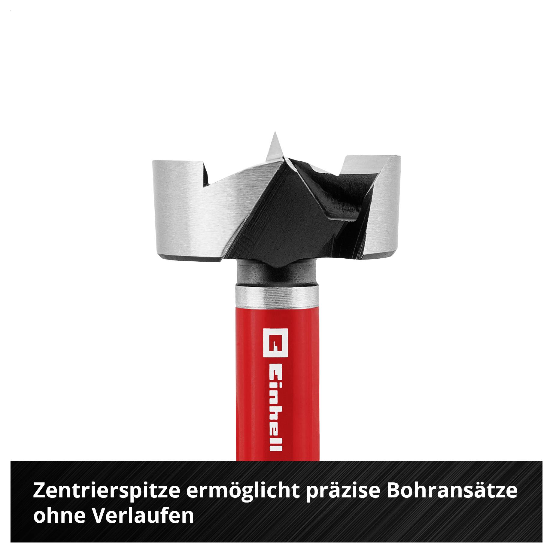 Abgebildet ist eine Zentrierspitze für Bohrer mit rotem Schaft und grauem Kopf; Text: 'Zentrierspitze ermöglicht präzise Bohransätze ohne Verlaufen'.