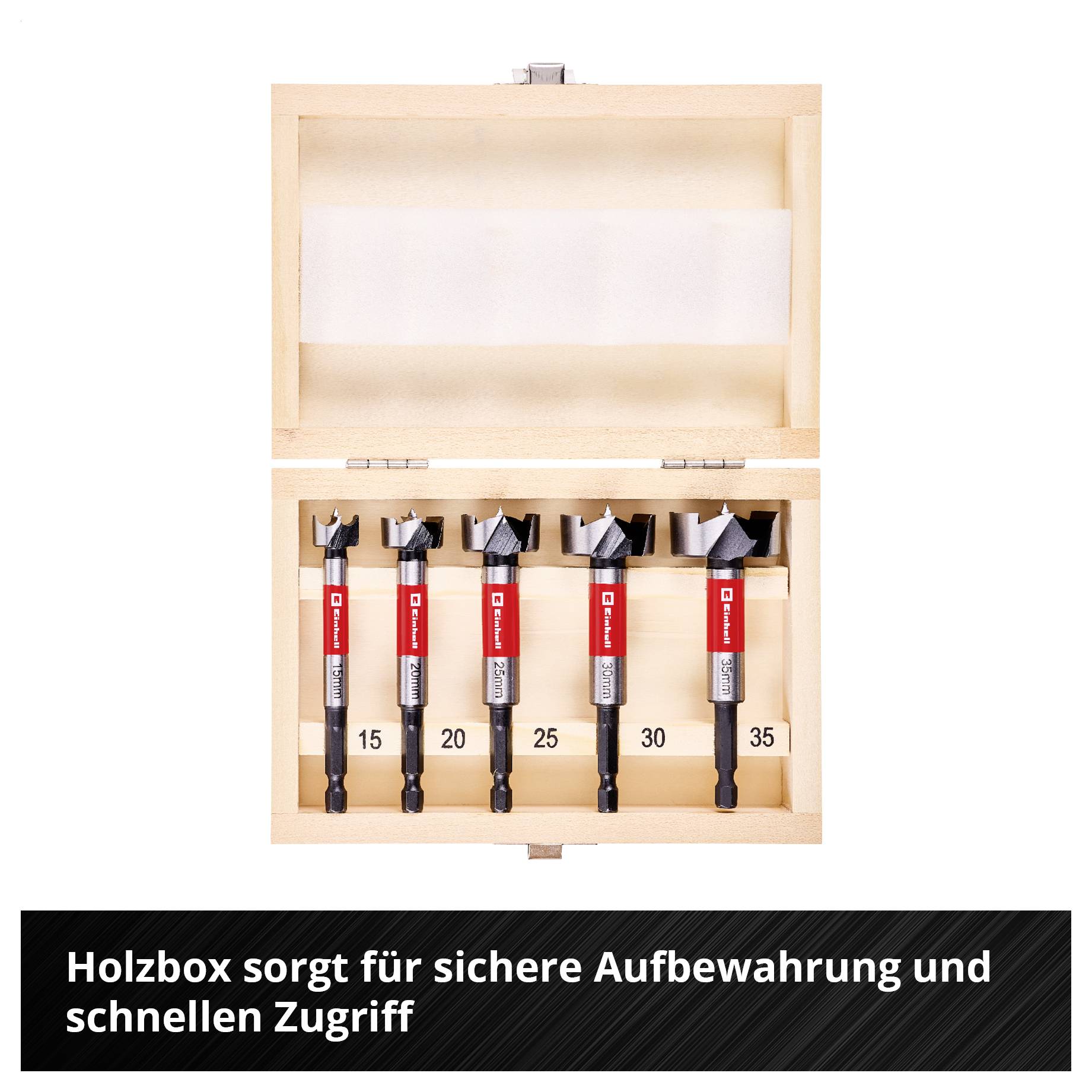 Offene Holzkiste mit fünf Forstnerbohrern; sichert die Aufbewahrung und ermöglicht schnellen Zugriff.
