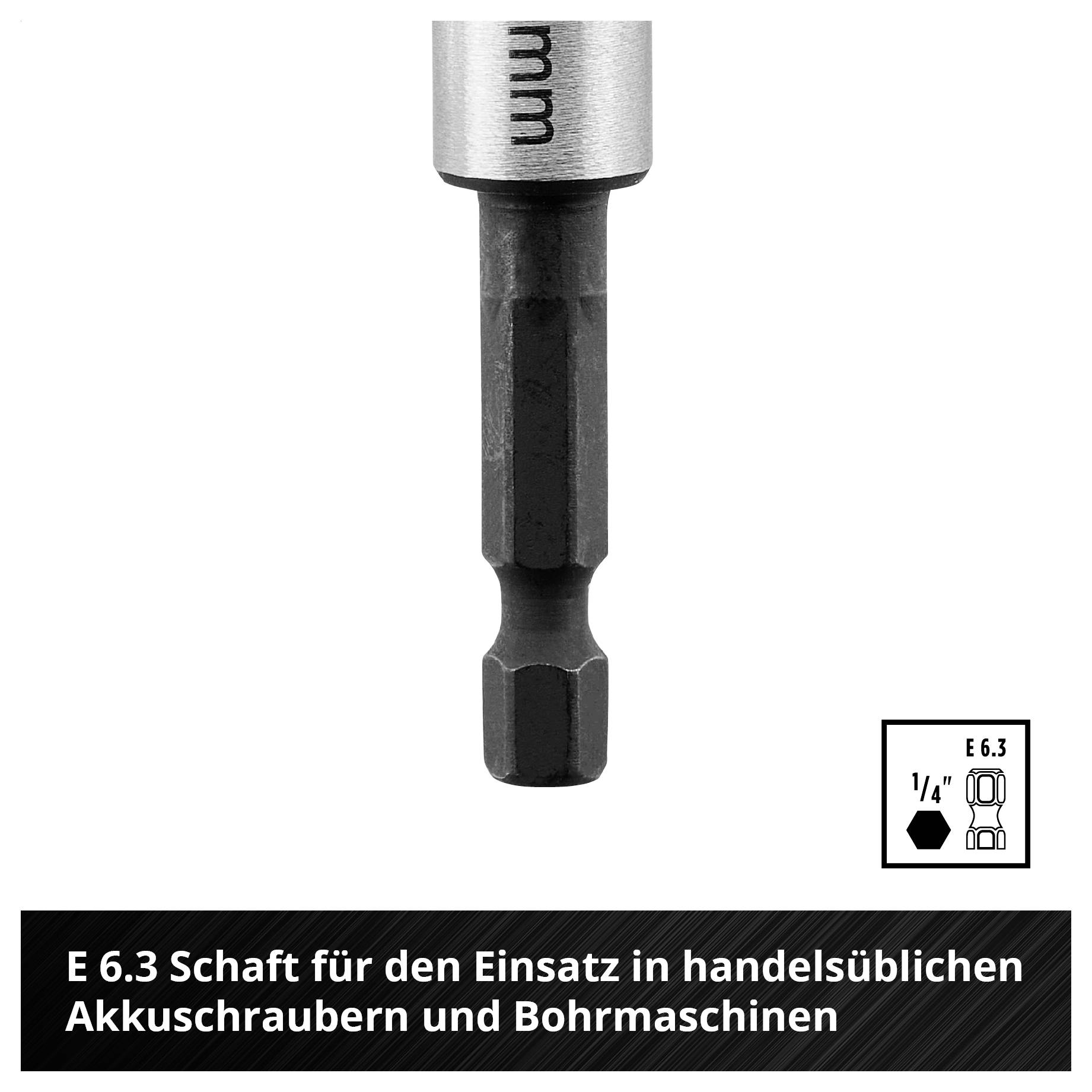 Bitschaft E 6,3 für handelsübliche Akkuschrauber und Bohrmaschinen, 1/4-Zoll-Schaft mit Sechskantaufnahme.<br>