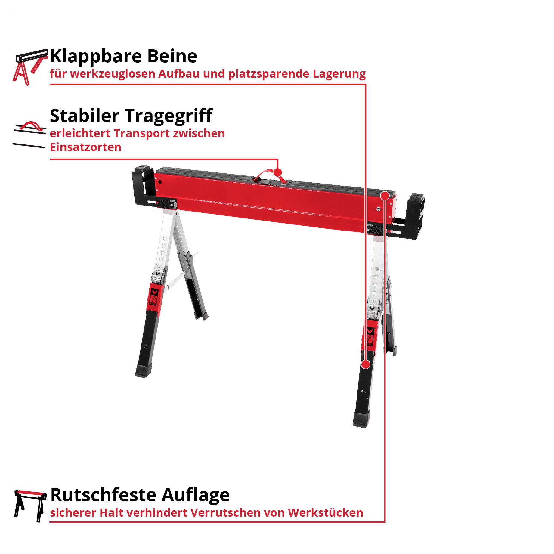 Transportabler Werkbankbock mit klappbaren Beinen, stabilem Tragegriff und rutschfester Auflage; beschriftet mit diesen Vorteilen.