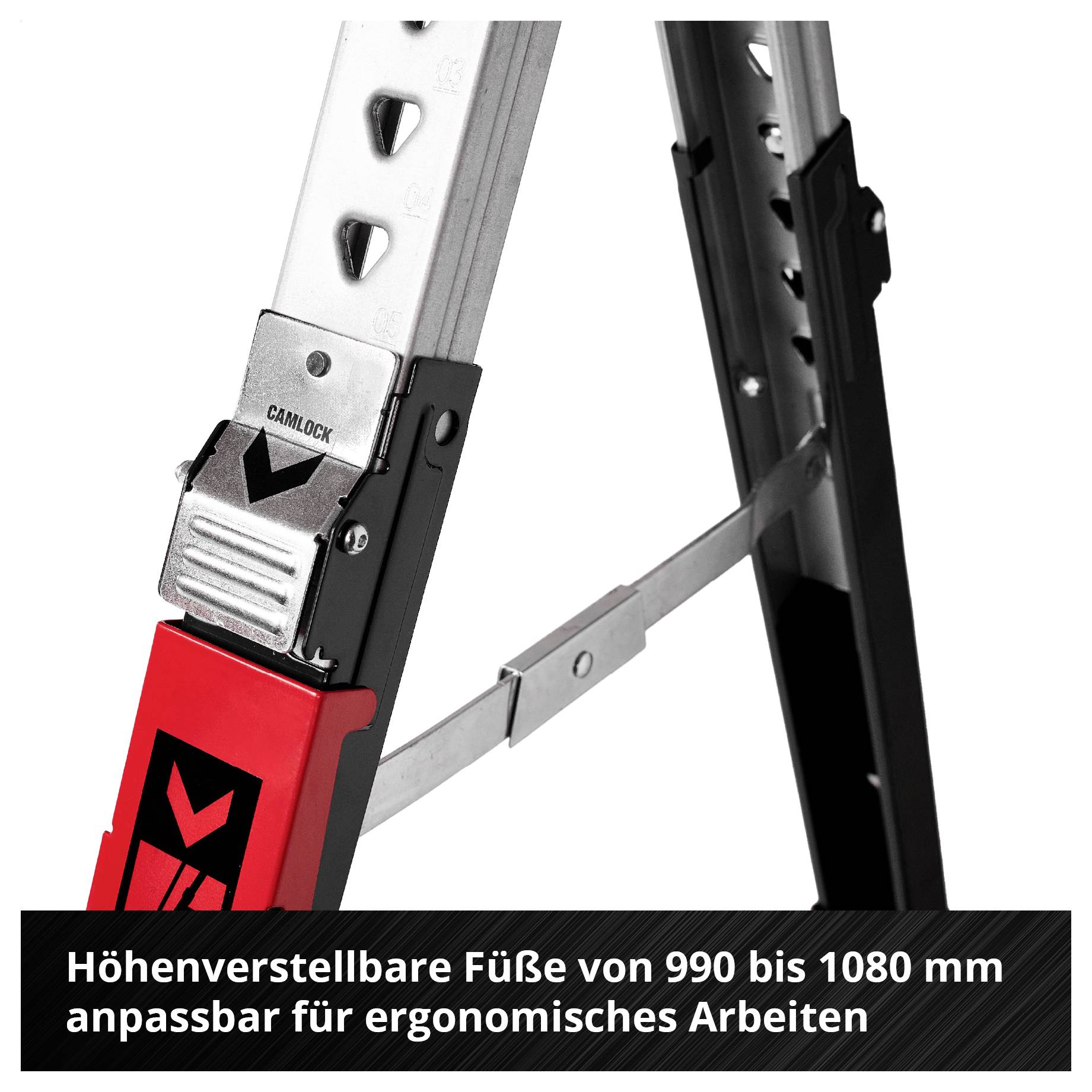 Höhenverstellbare Füße eines Gerüsts oder Arbeitstisches von 990 bis 1080 mm, für ergonomisches Arbeiten anpassbar.
