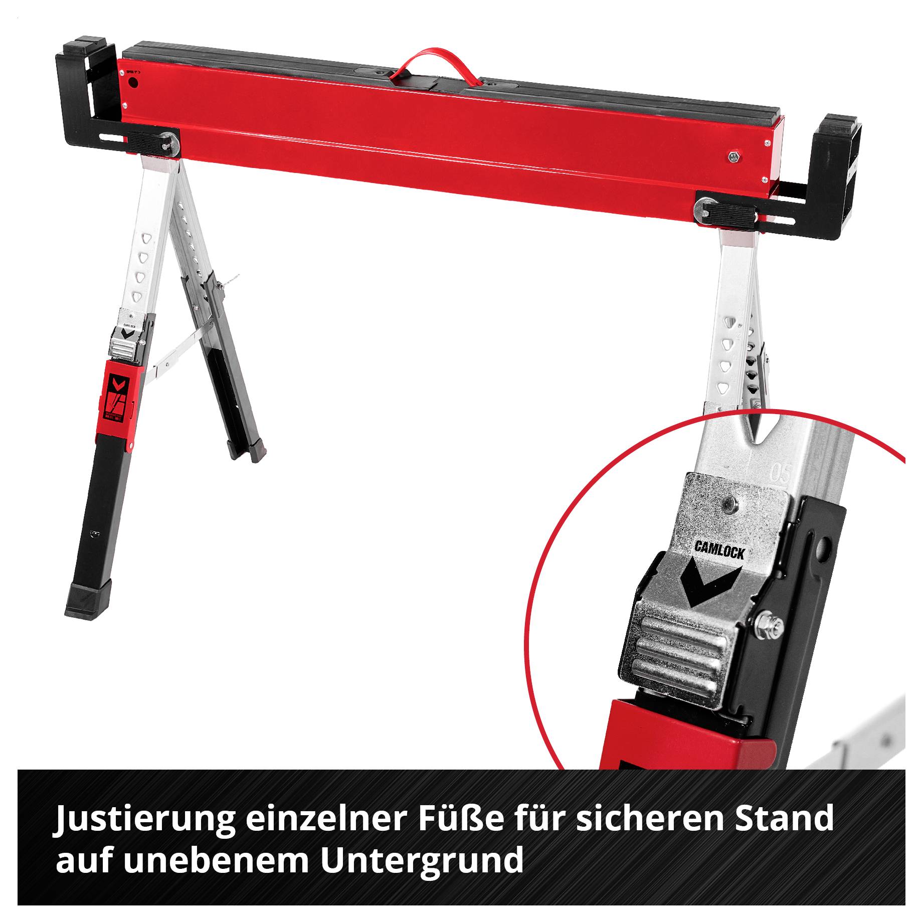 Klappbarer Arbeitsbock mit verstellbaren Füßen; Detailansicht zeigt Justierung einzelner Füße für sicheren Stand auf unebenem Untergrund.