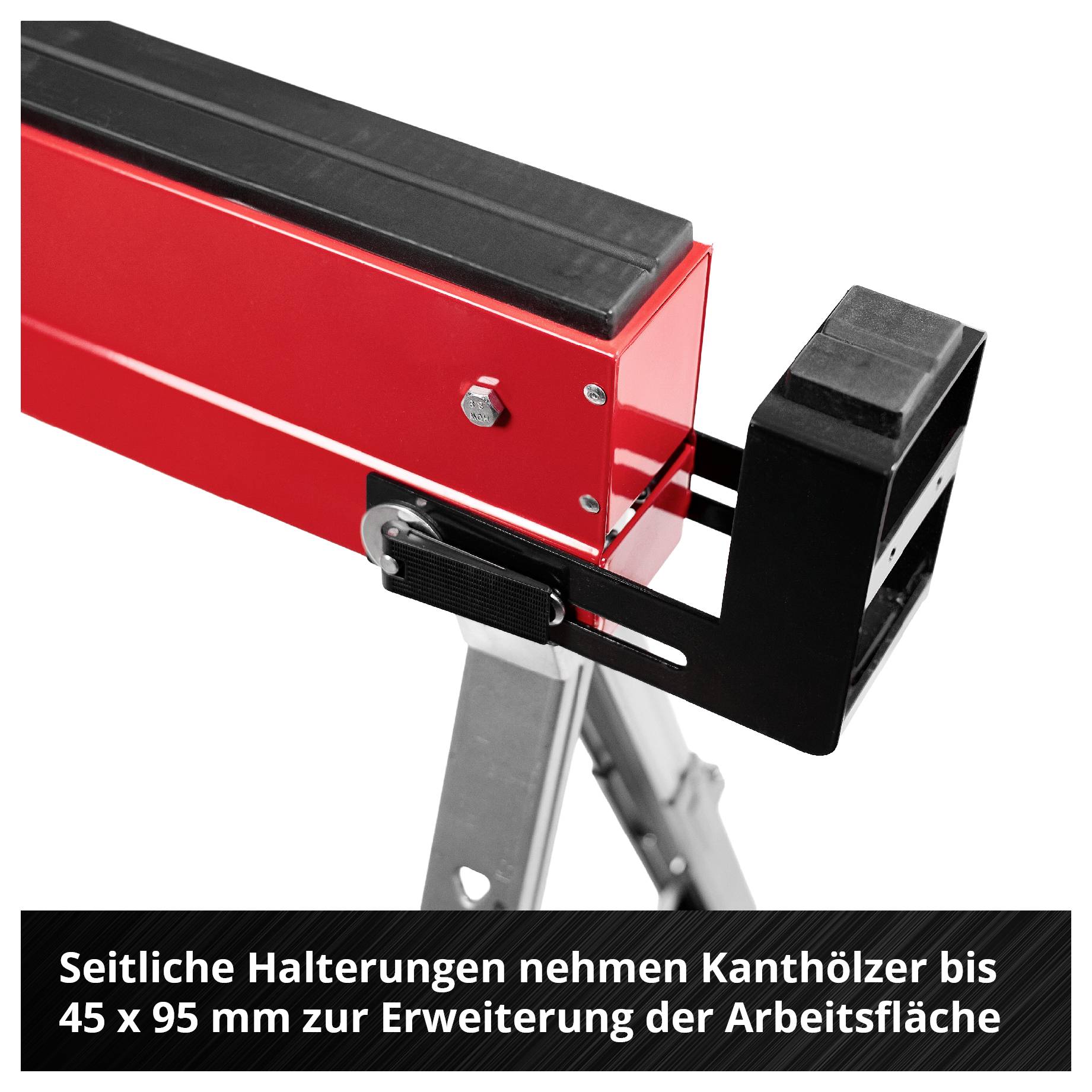 Rote Maschinen-Arbeitsfläche mit seitlicher Halterung für Kanthölzer; Text nennt Erweiterung für 45 x 95 mm.<br>