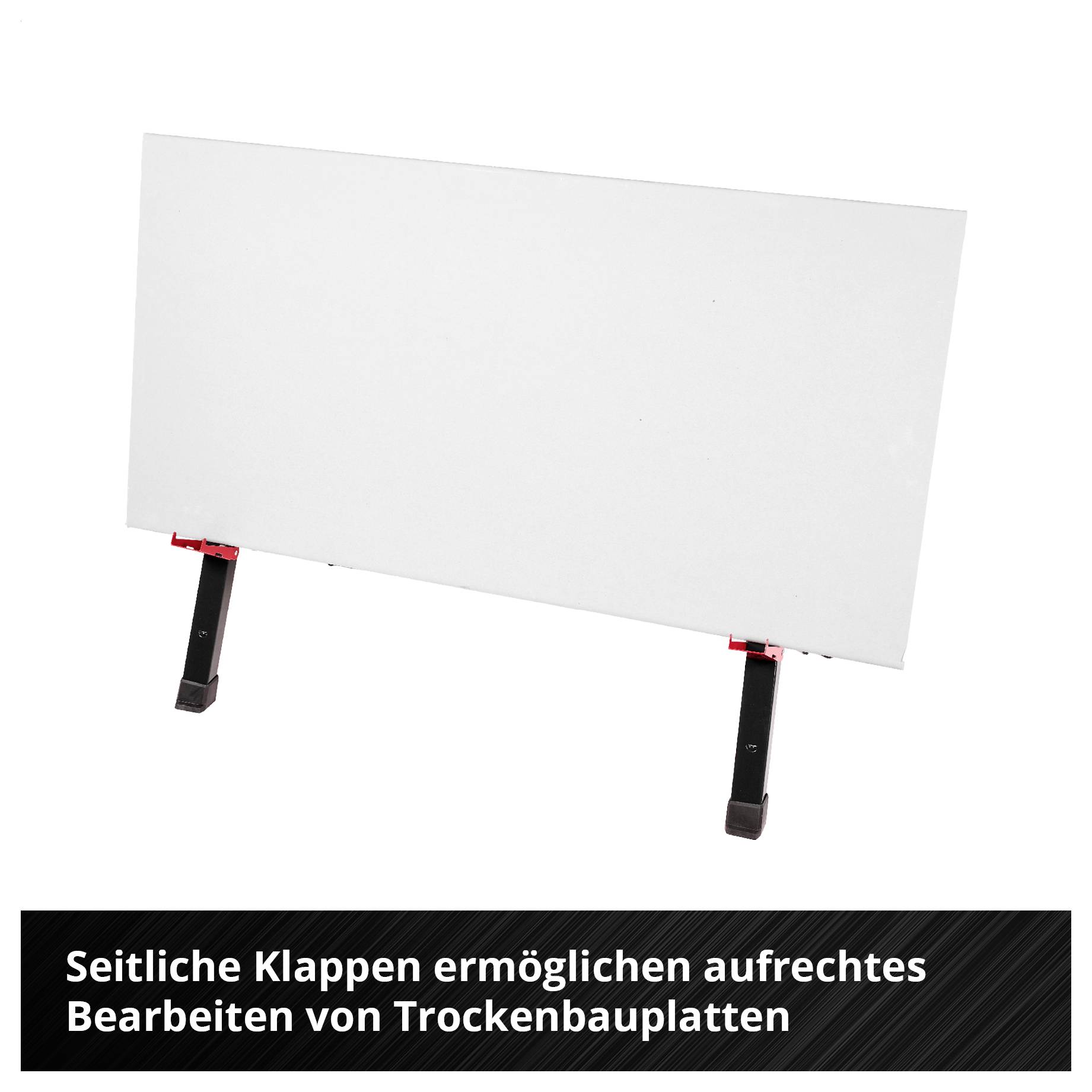 Ein Mann verwendet einen roten Elektroschleiffer auf einer Holzplatte, während er eine Schutzbrille und eine Maske trägt; die Bildunterschrift besagt „Die harzgebundene Papierkauschschicht bleibt auch unter Druck stabil"