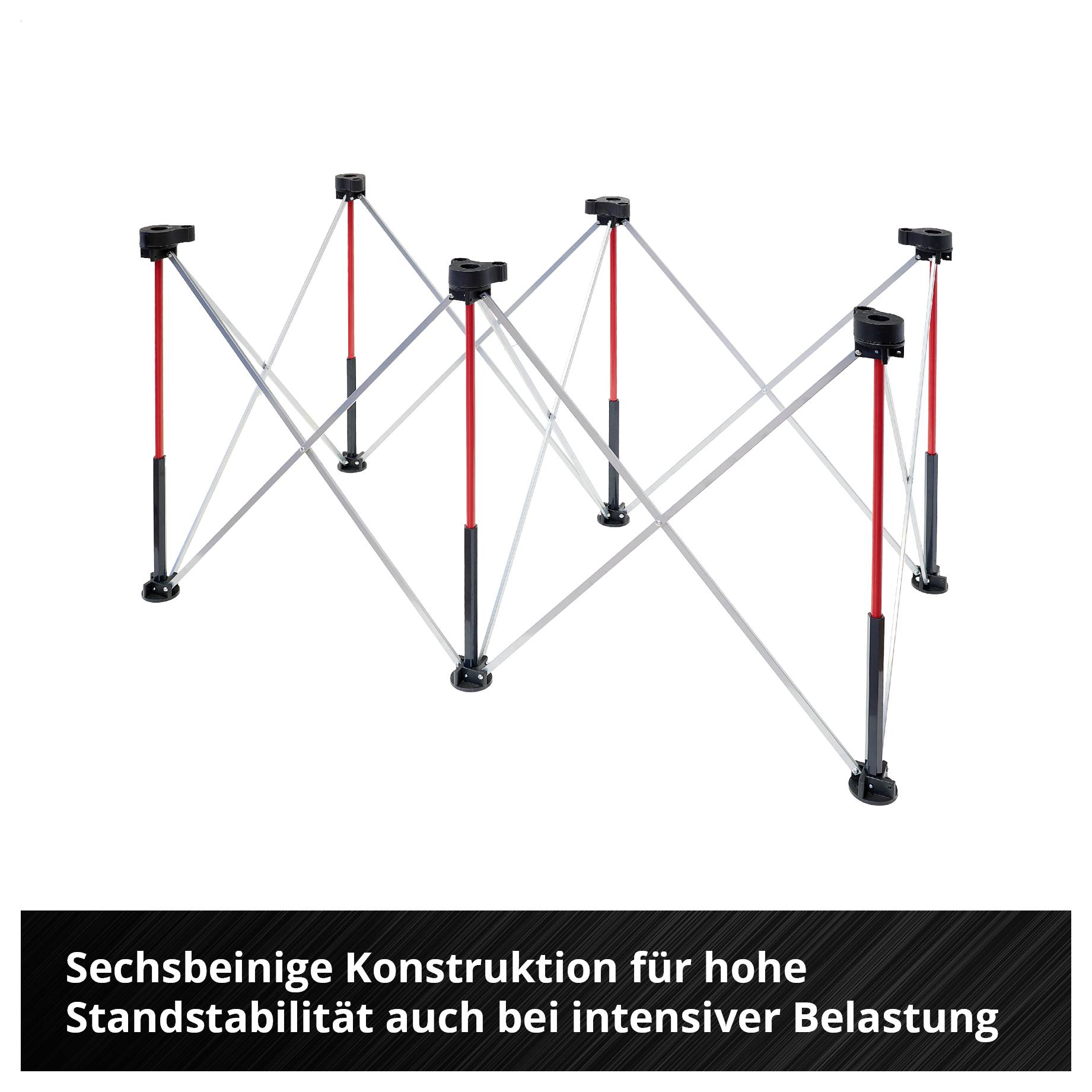 Sechsbeinige Konstruktion mit verstellbaren Stützen für hohe Standstabilität bei intensiver Belastung.