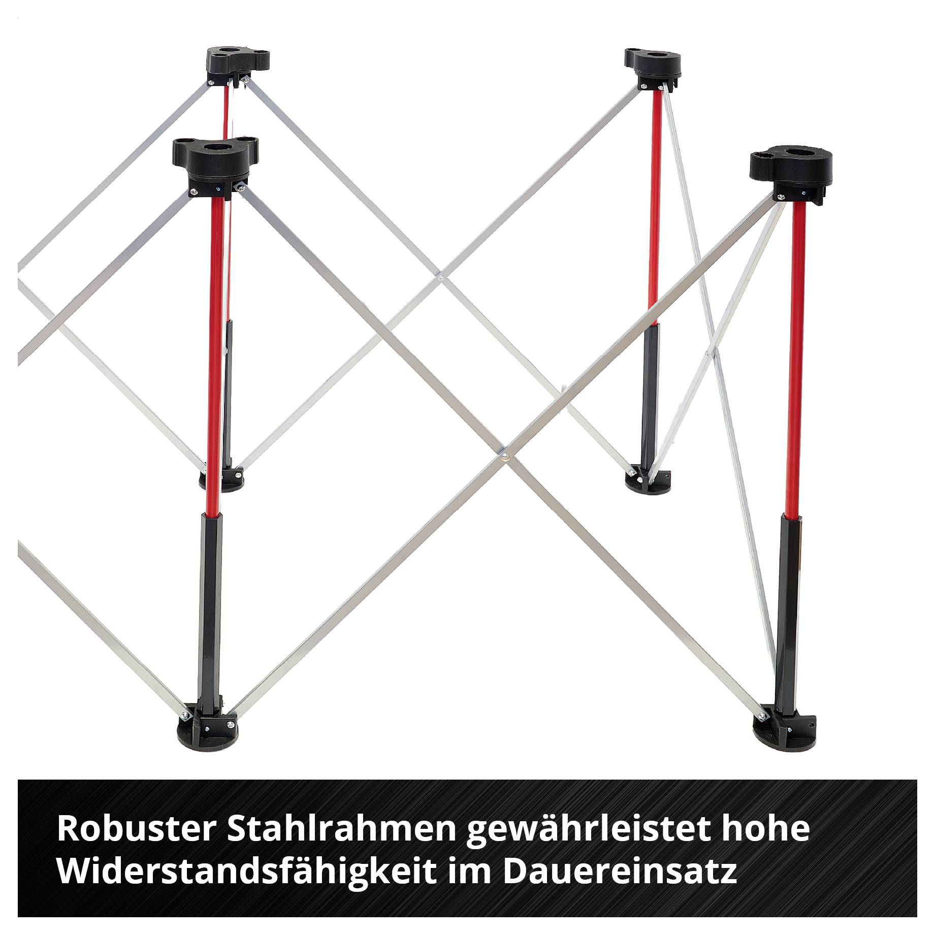 Zwei faltbare Metallgestelle mit rot-schwarzen Stützen; Text: 'Robuster Stahlrahmen gewährleistet hohe Widerstandsfähigkeit im Dauereinsatz'.