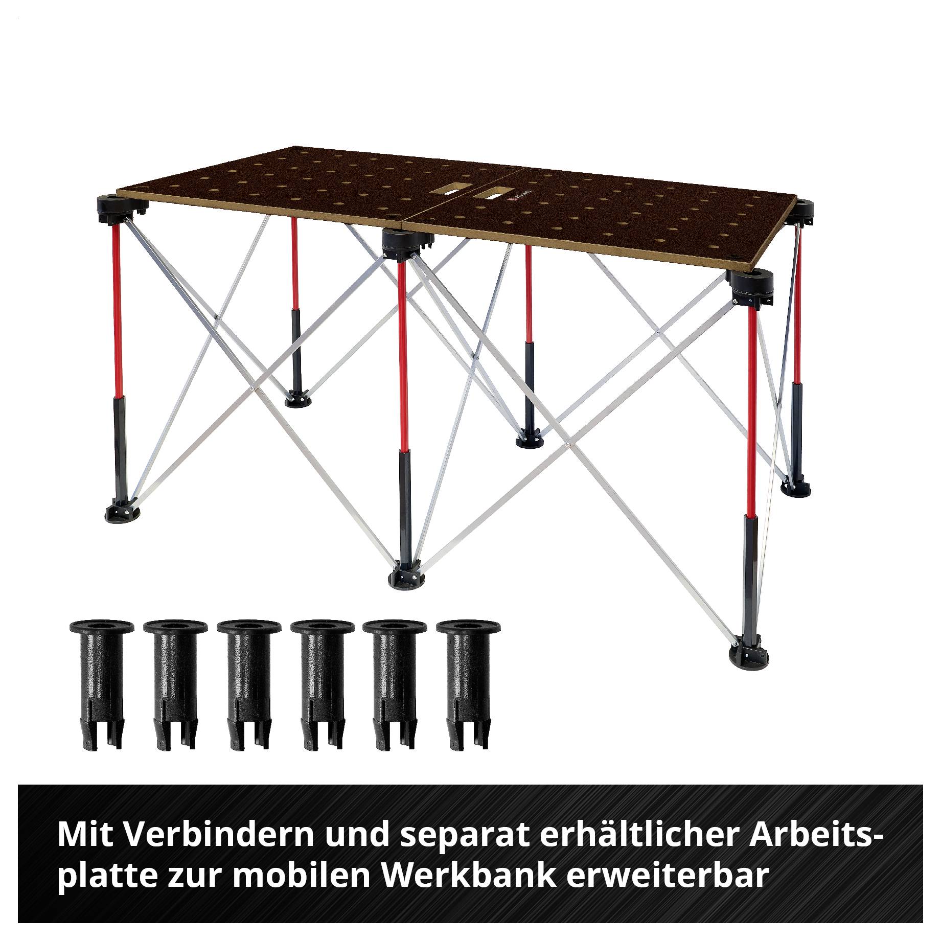 Mobile Werkbank mit verstellbarer Arbeitsplatte und sechs Verbinderteilen; Text: 'Mit Verbindern und separat erhältlicher Arbeitsplatte zur mobilen Werkbank erweiterbar'<br>