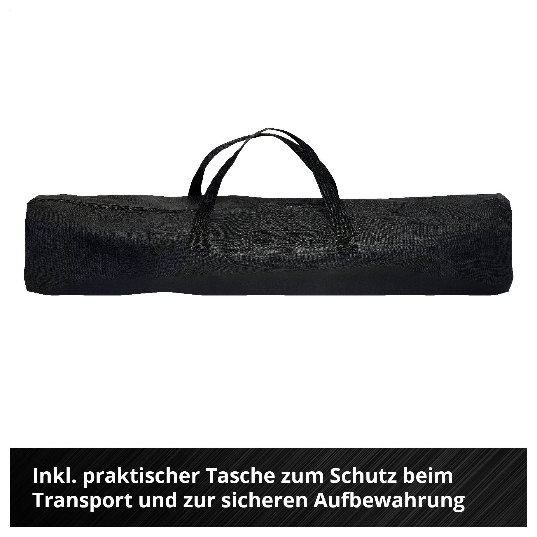 Schwarze Transporttasche für ein zusammenrollbares Produkt; schützt beim Transport und dient der sicheren Aufbewahrung.<br>