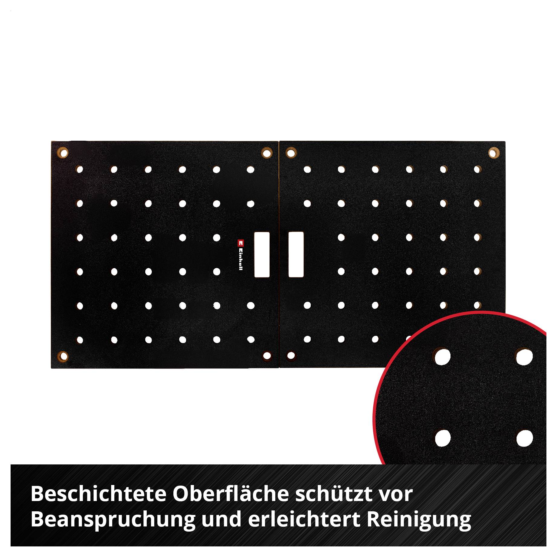 Schwarze, gelochte Platte mit zwei weißen Griffen; Hinweis: 'Beschichtete Oberfläche schützt vor Beanspruchung und erleichtert Reinigung'.