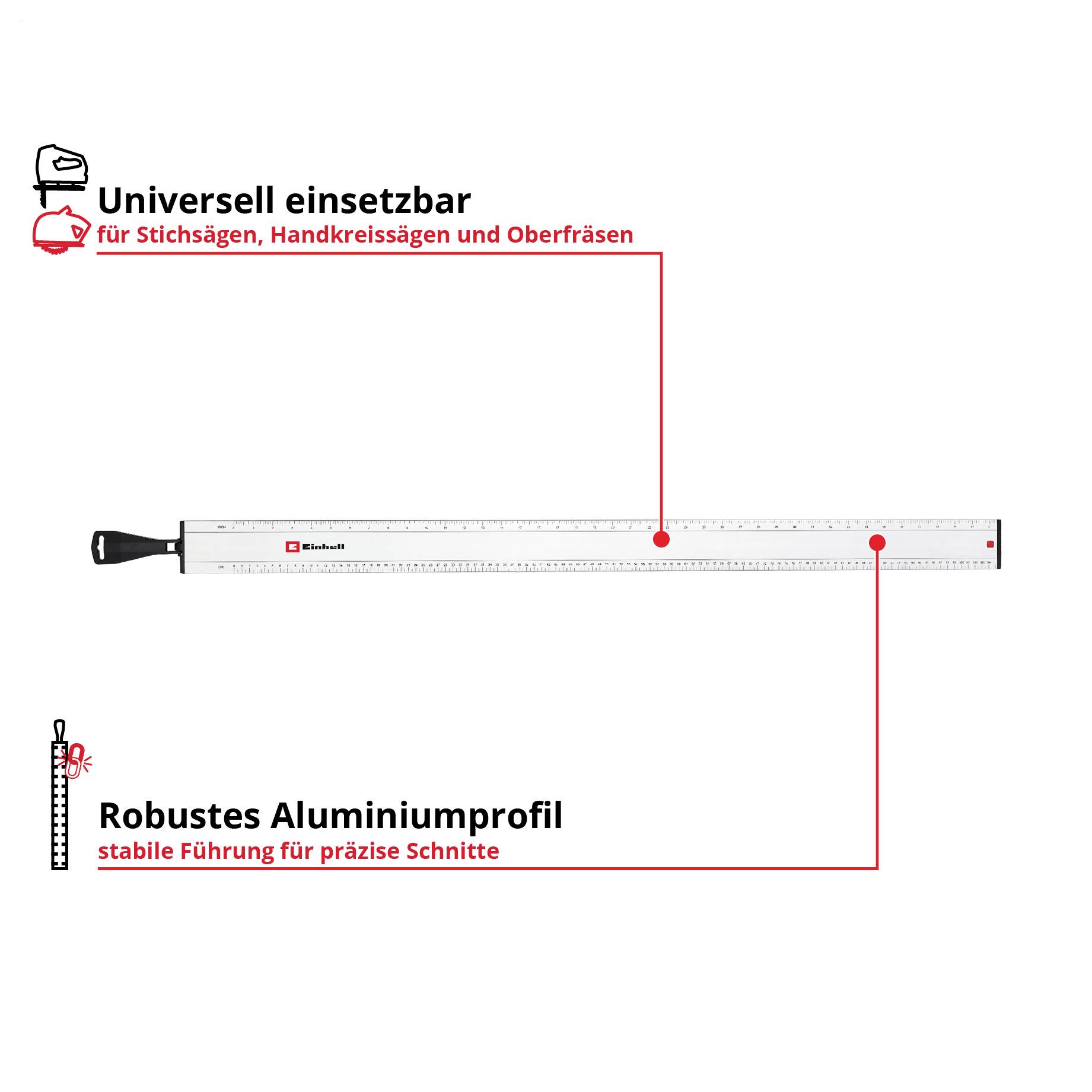 Produktgrafik einer Führungsschiene mit Griff; Text: 'Universell einsetzbar für Stichsägen, Handkreissägen und Oberfräsen' sowie 'Robustes Aluminiumprofil – stabile Führung für präzise Schnitte'.