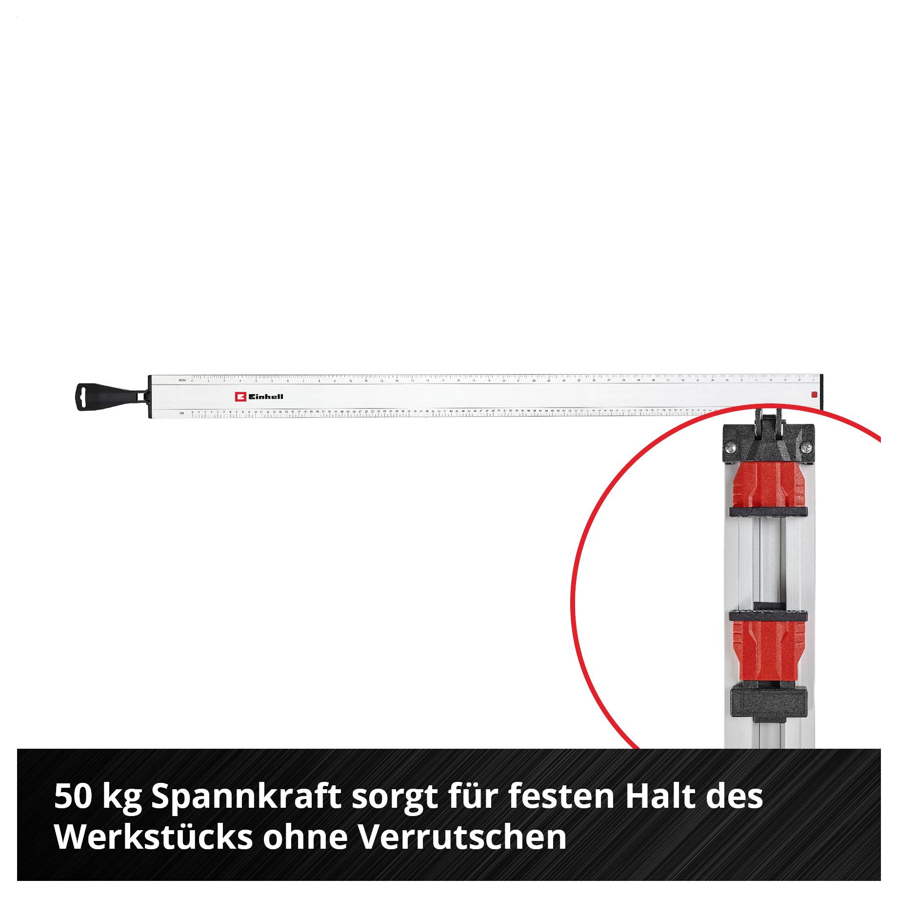 Spezialzwinge mit 50 kg Spannkraft hält ein Werkstück rutschfest; Produktfoto mit hervorgehobener Spannvorrichtung.