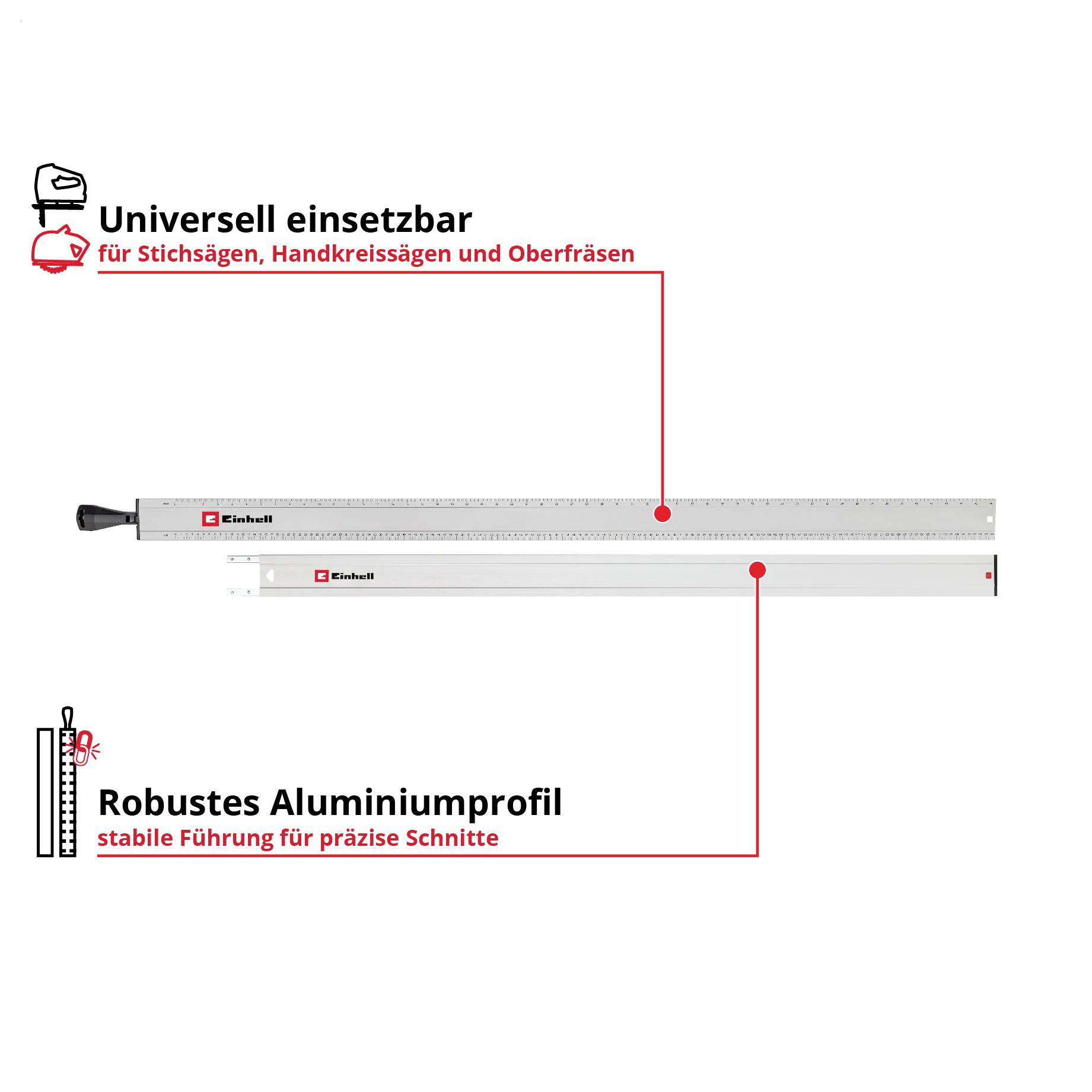 Produktgrafik mit zwei Führungsschienen aus Aluminium; Text: 'Universell einsetzbar für Stichsägen, Handkreissägen und Oberfräsen' und 'Robustes Aluminiumprofil – stabile Führung für präzise Schnitte'.