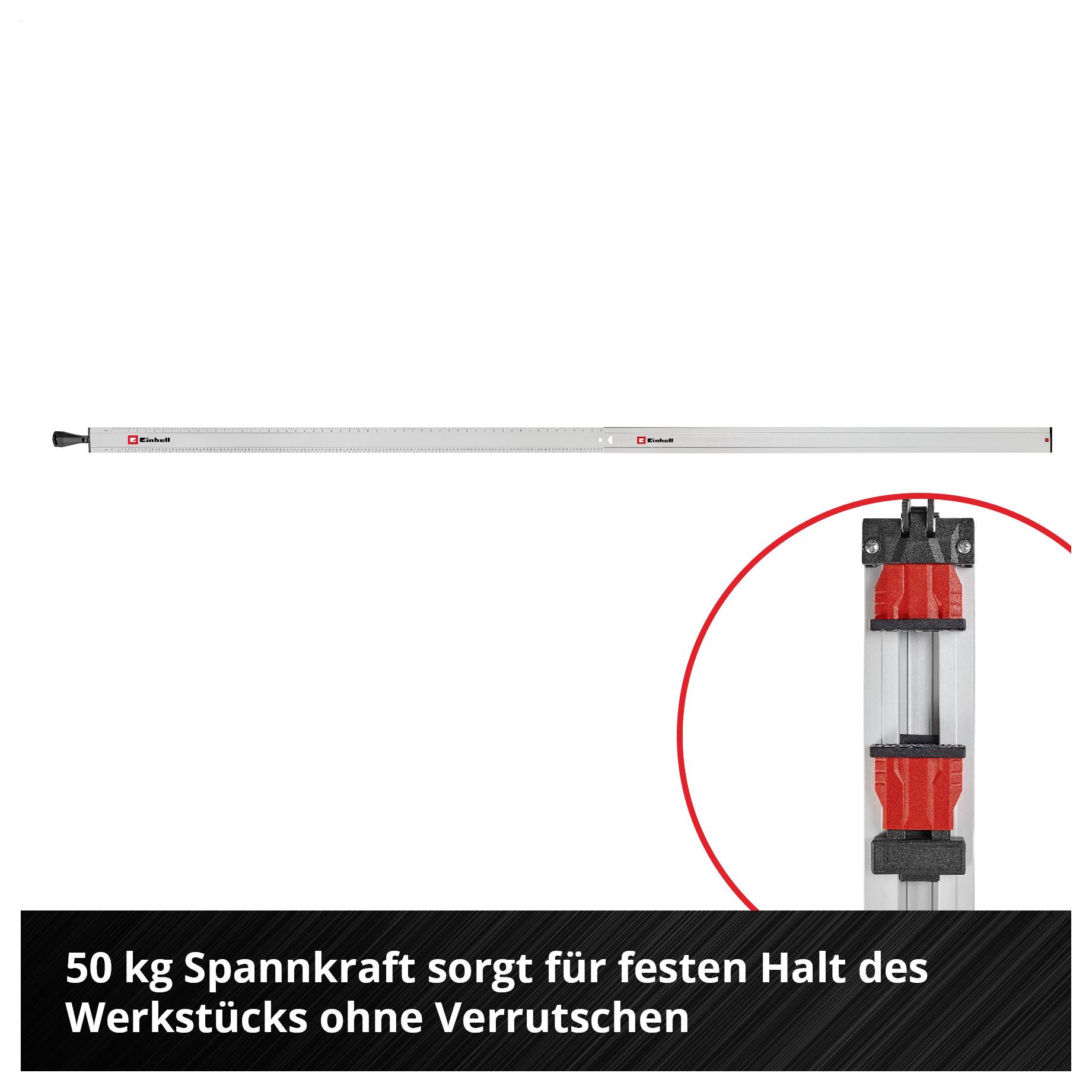 Produktbild eines Spannsystems: langer horizontaler Balken und Detailansicht einer roten Klemme; Text: '50 kg Spannkraft sorgt für festen Halt des Werkstücks ohne Verrutschen'.<br>