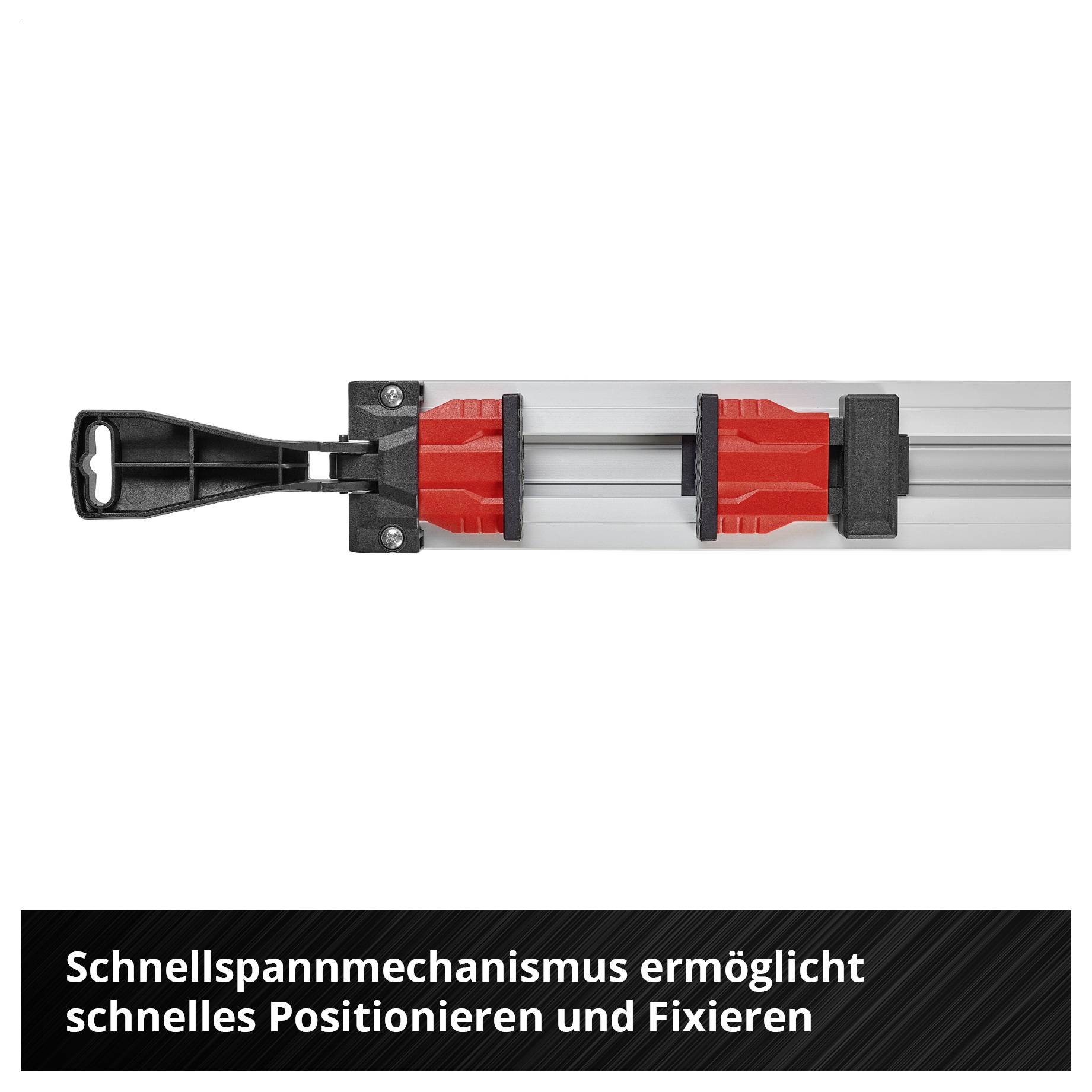 Schnellspannmechanismus an einer Führungsschiene mit rotem Hebel, der schnelles Positionieren und Fixieren ermöglicht.