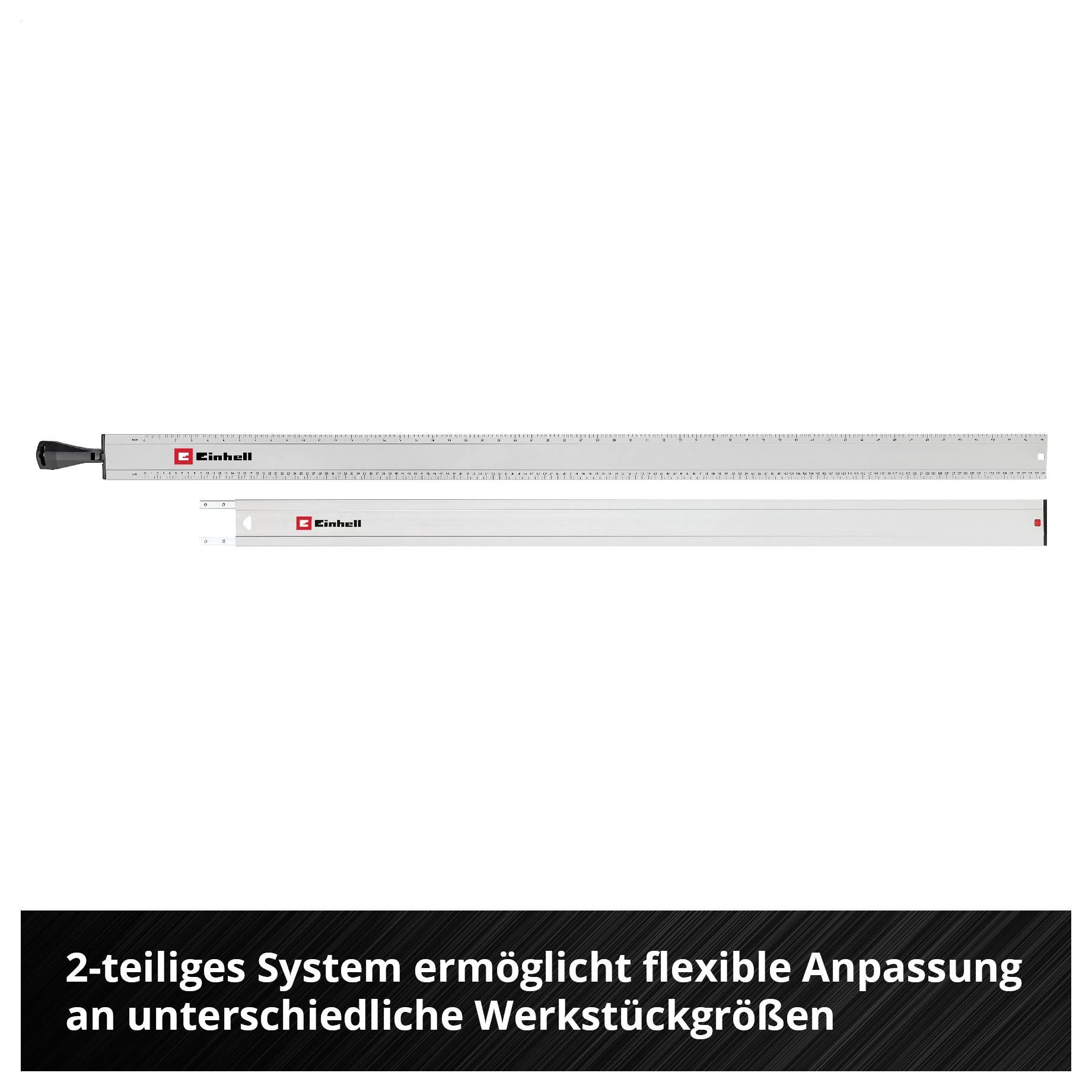 Zweiteiliges Einhell-Messsystem mit Skala und Führungsschiene; ermöglicht flexible Anpassung an unterschiedliche Werkstückgrößen.