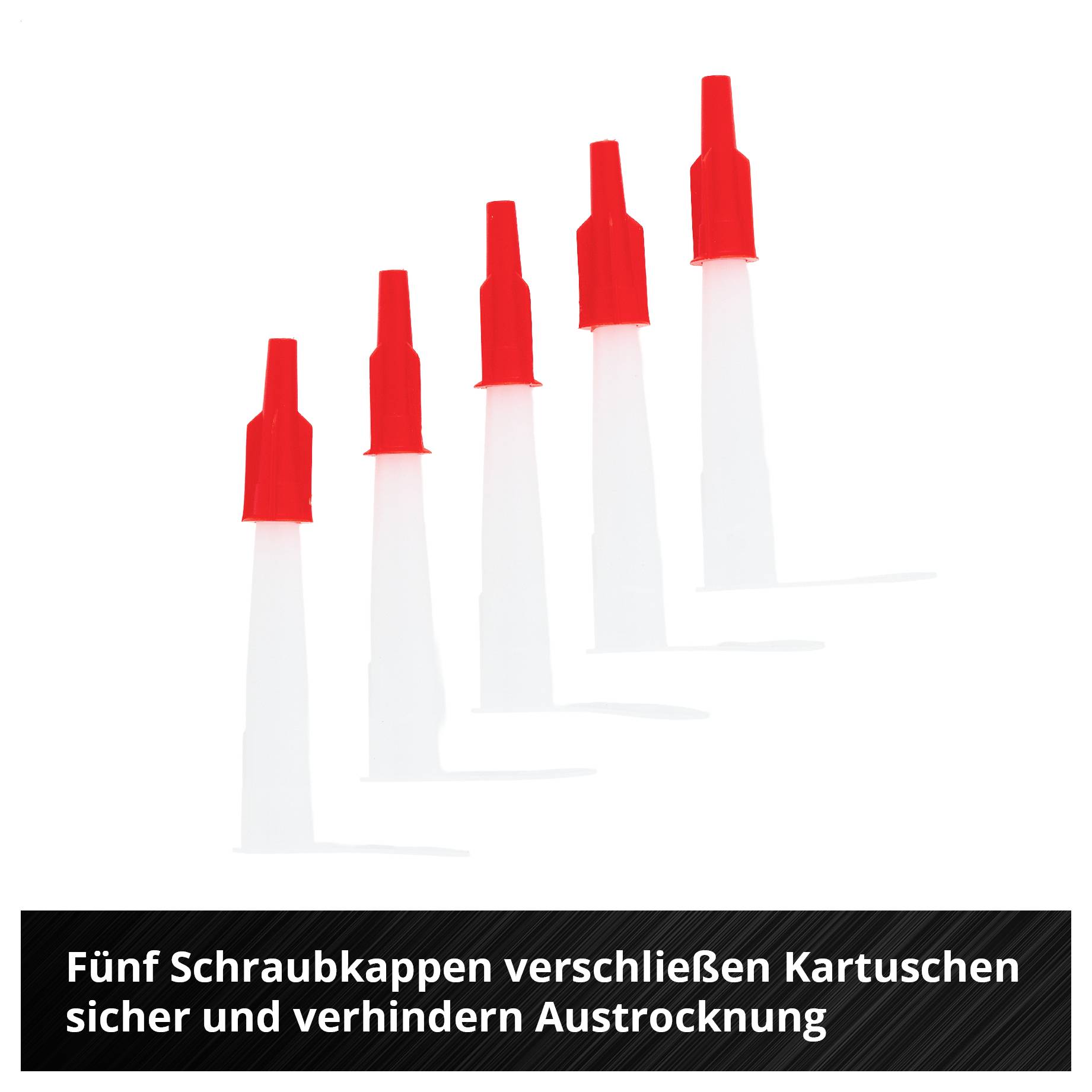 Fünf rote Schraubkappen auf Kartuschen, die diese sicher verschließen und Austrocknung verhindern.