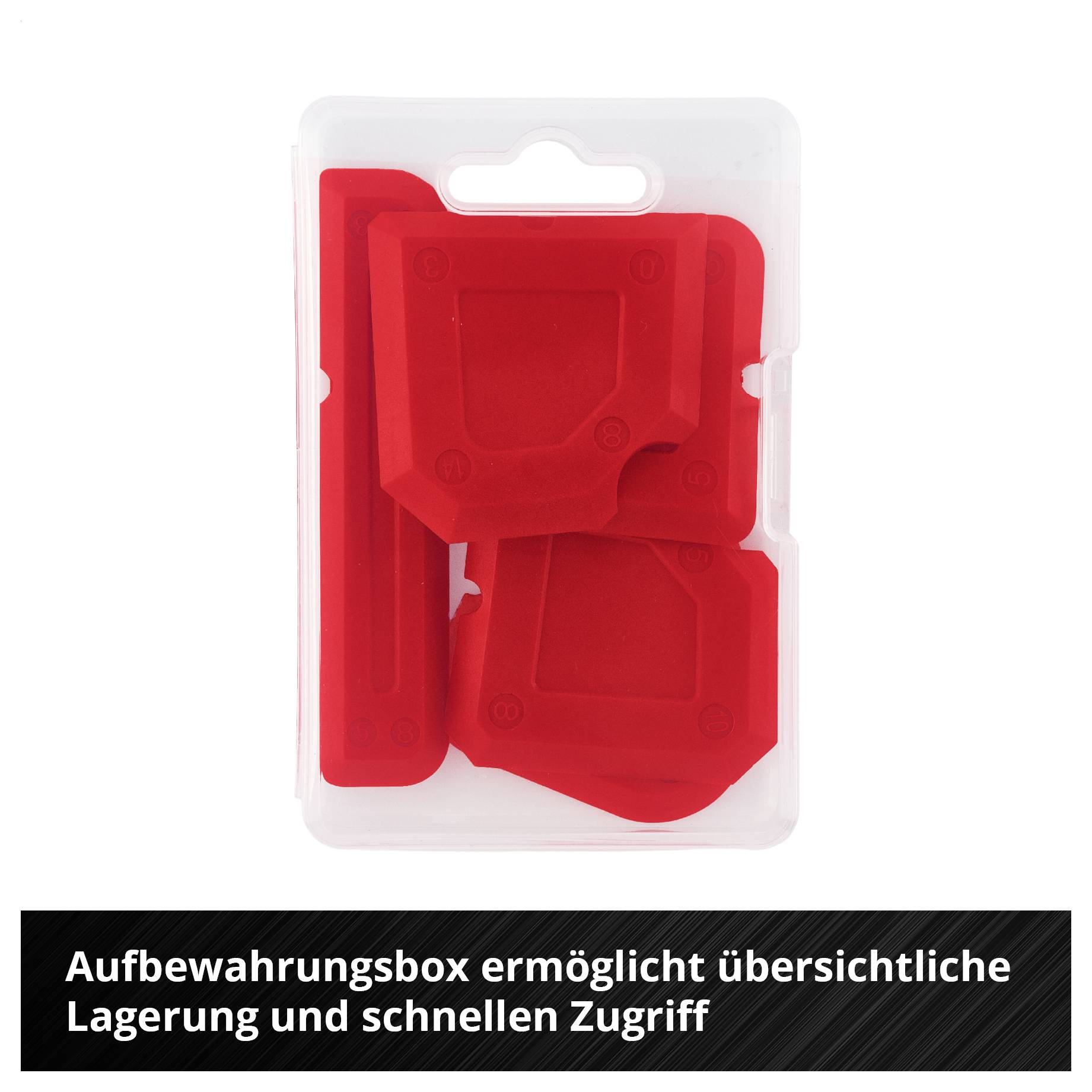 Transparente Aufbewahrungsbox mit roten Kunststoffteilen zur übersichtlichen Lagerung und schnellem Zugriff<br>