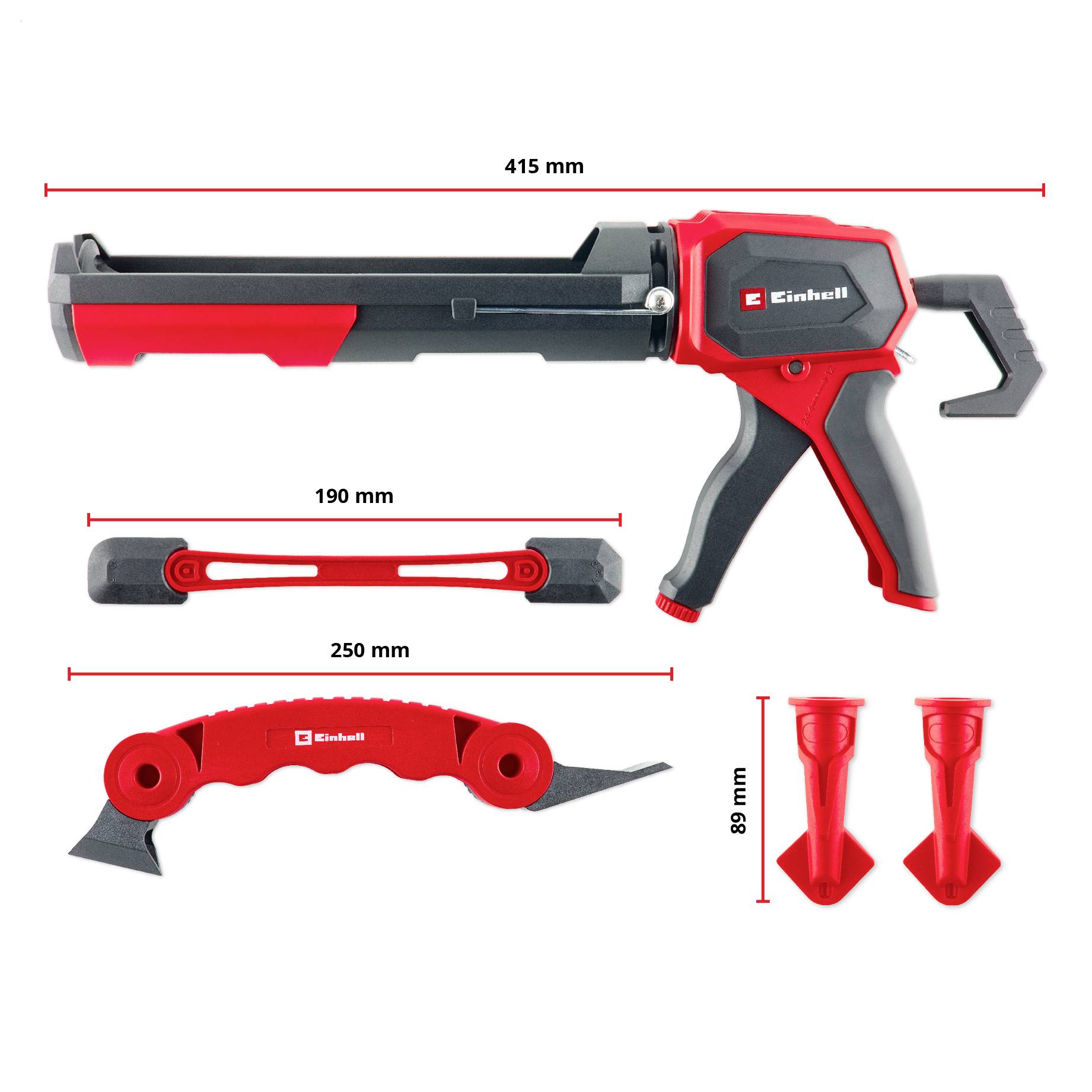 Produktdiagramm einer Einhell-Kartuschenspritze mit Abmessungen: 415 mm Hauptwerkzeug, 190 mm Zubehör, 250 mm Schaber und 89 mm Düsen.