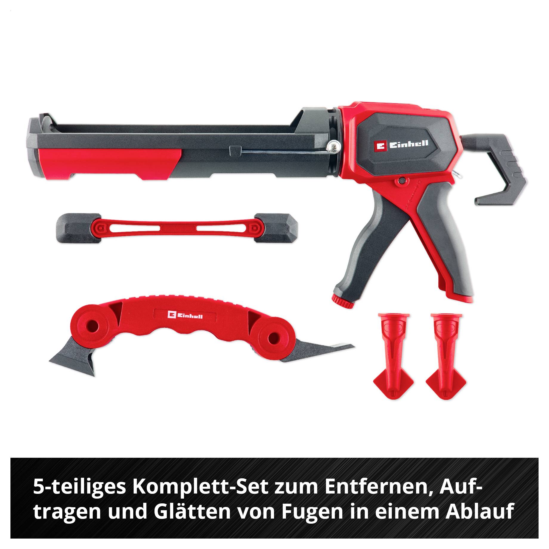 5-teiliges Fugenset mit Kartuschenpistole, zwei Spachteln und zwei Düsen; für Entfernen, Auftragen und Glätten von Fugen.