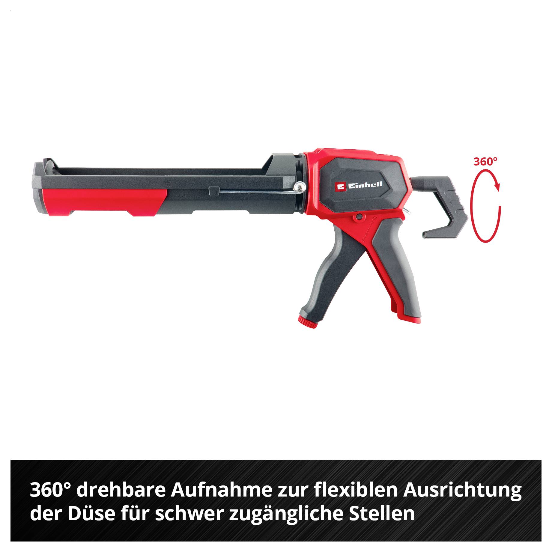 Roter und schwarzer Akku-Kartuschenpresse mit 360° drehbarer Aufnahme; Text betont flexible Ausrichtung der Düse für schwer zugängliche Stellen.