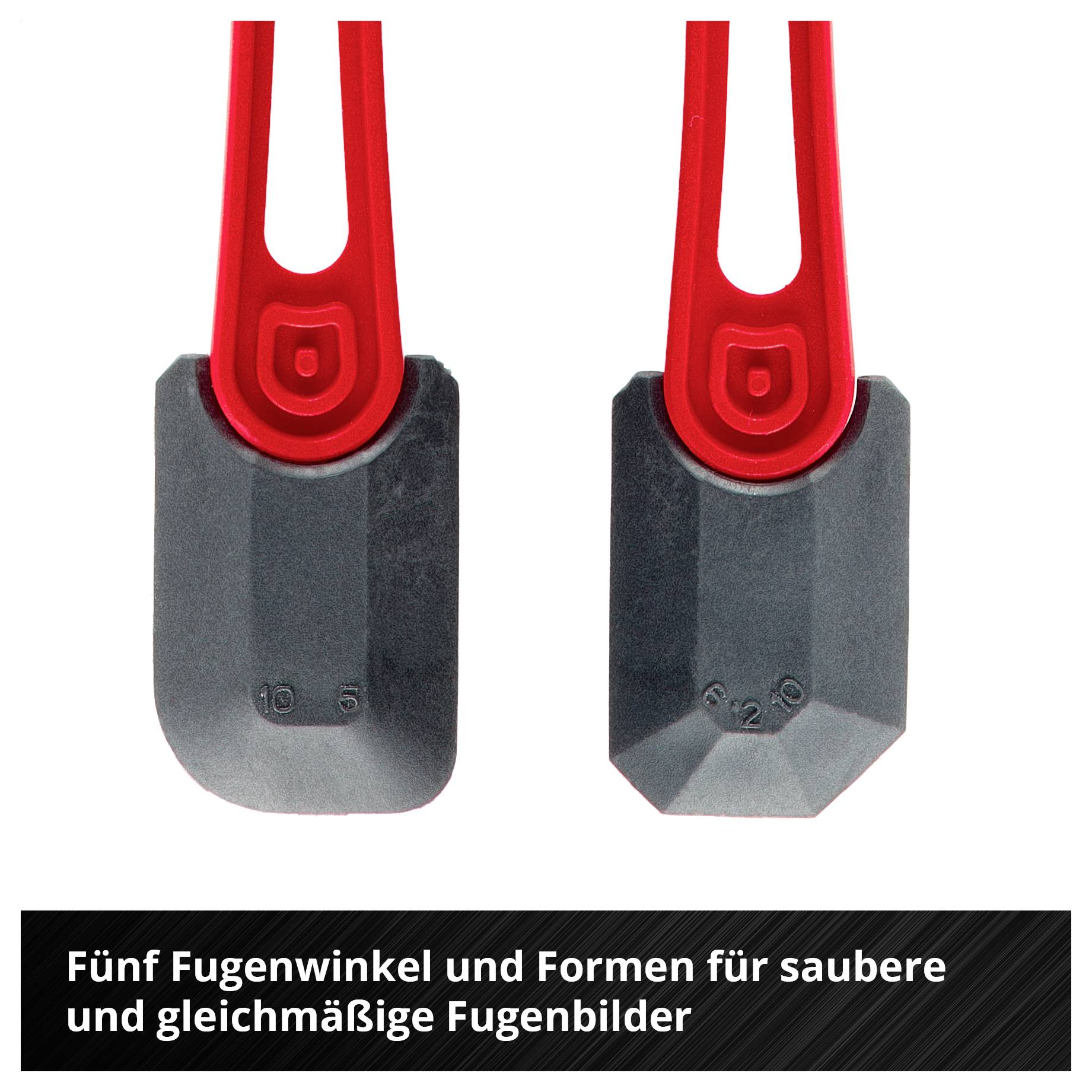 Zwei Fugenkellen-Spitzen mit rotem Griff und dunklen, unterschiedlich geformten Metallköpfen; darunter der Text 'Fünf Fugenwinkel und Formen für saubere und gleichmäßige Fugenbilder'.