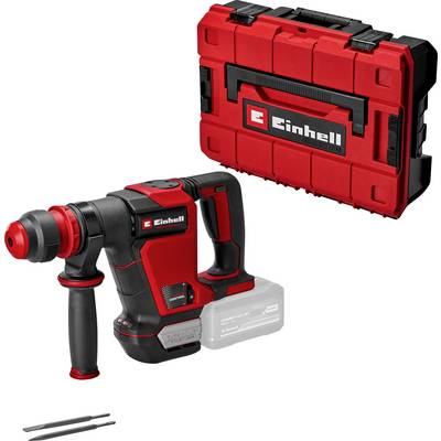 Einhell Akku-Bohrhammer mit Zusatzgriff, Akku-Basis, Transportkoffer und zwei Bohrern auf weißem Hintergrund.