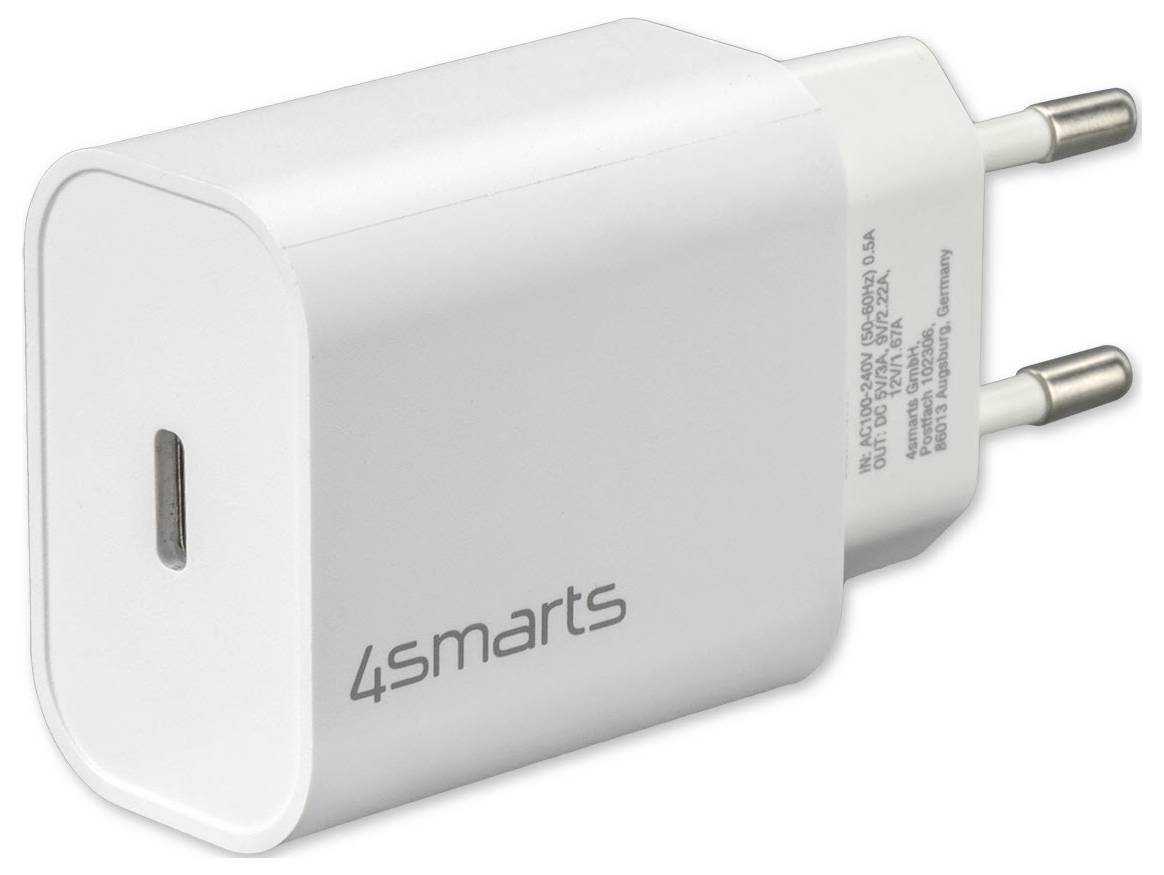 Weißes 4Smarts USB-Wandladegerät mit zwei europäischen Steckerkontakten und einem einzelnen USB-C-Anschluss.