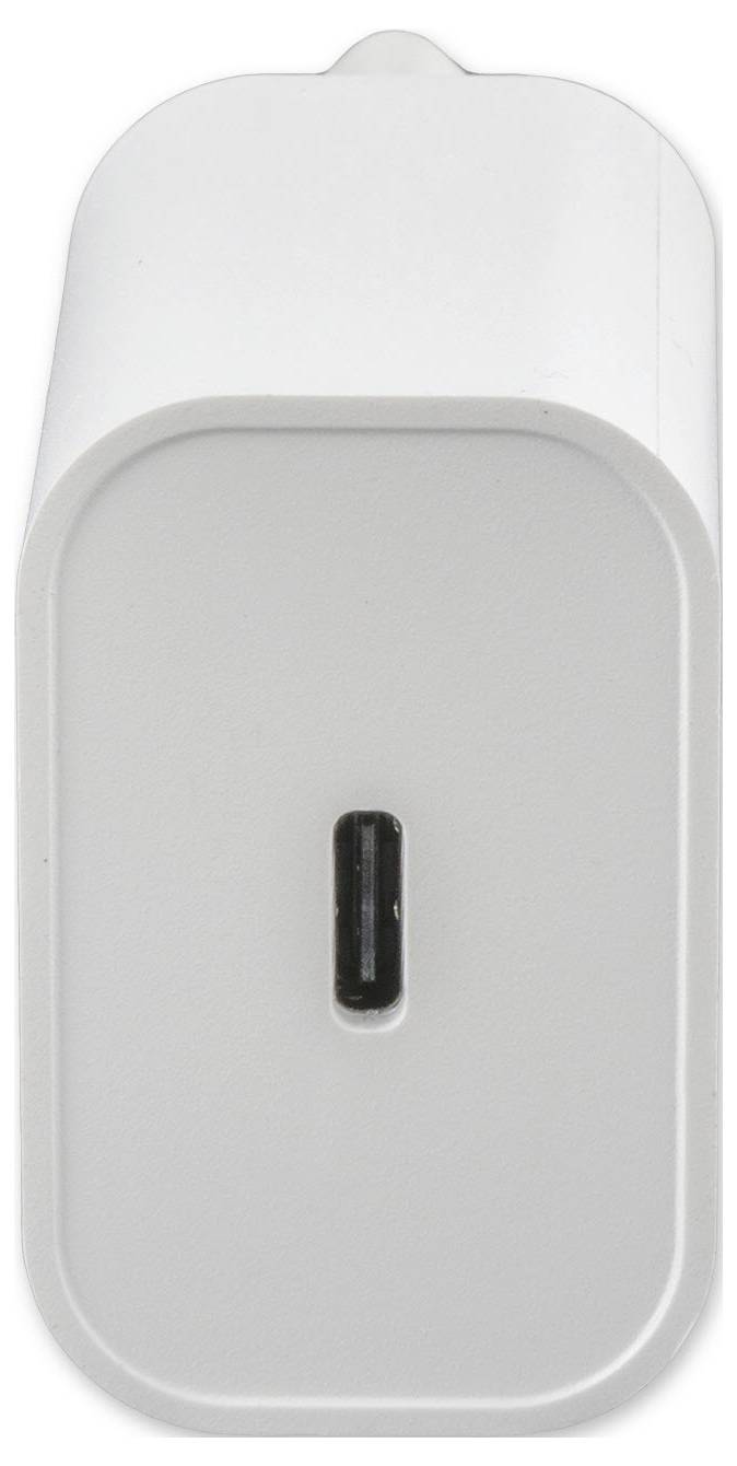Weißes USB-Wandladegerät mit einem einzelnen USB-C-Anschluss, der vorne zentriert angebracht ist.