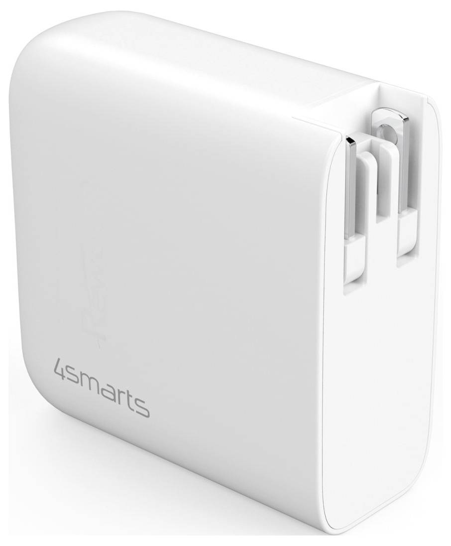 Weißes 4smarts-Wandladegerät mit zwei USB-Anschlüssen, die an der Seite sichtbar sind.