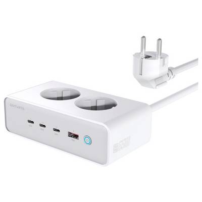 Weiße Desktop-Steckdosenleiste mit zwei Schuko-Steckdosen, zwei USB-Anschlüssen, einem blauen Betätigungsschalter und einem europäischen Stecker, der an einem Kabel befestigt ist.