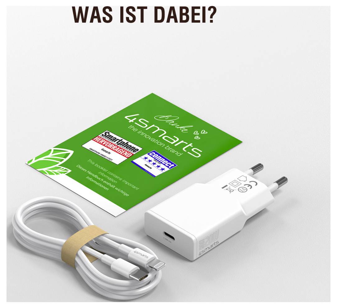 WAS IST DABEI?<br><br>[Promotional graphic showing a green '4smarts' card, a white USB-C wall charger, and a coiled charging cable]
