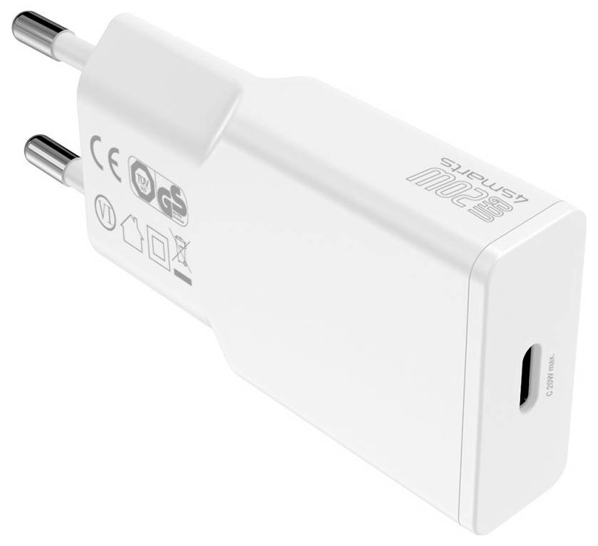 Weiß USB-C-Wandladegerät mit zwei runden europäischen Steckerstiften, in einem Winkel auf weißem Hintergrund dargestellt.