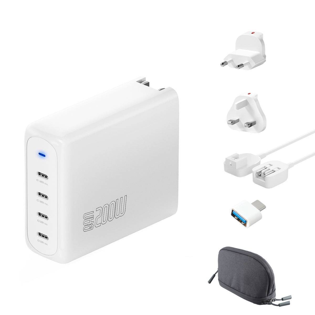Weißes 20-W-Wandladegerät mit einem USB-C- und vier USB-A-Anschlüssen, austauschbaren internationalen Steckadaptern, USB-Kabel und Schutztasche auf weißem Hintergrund gezeigt.