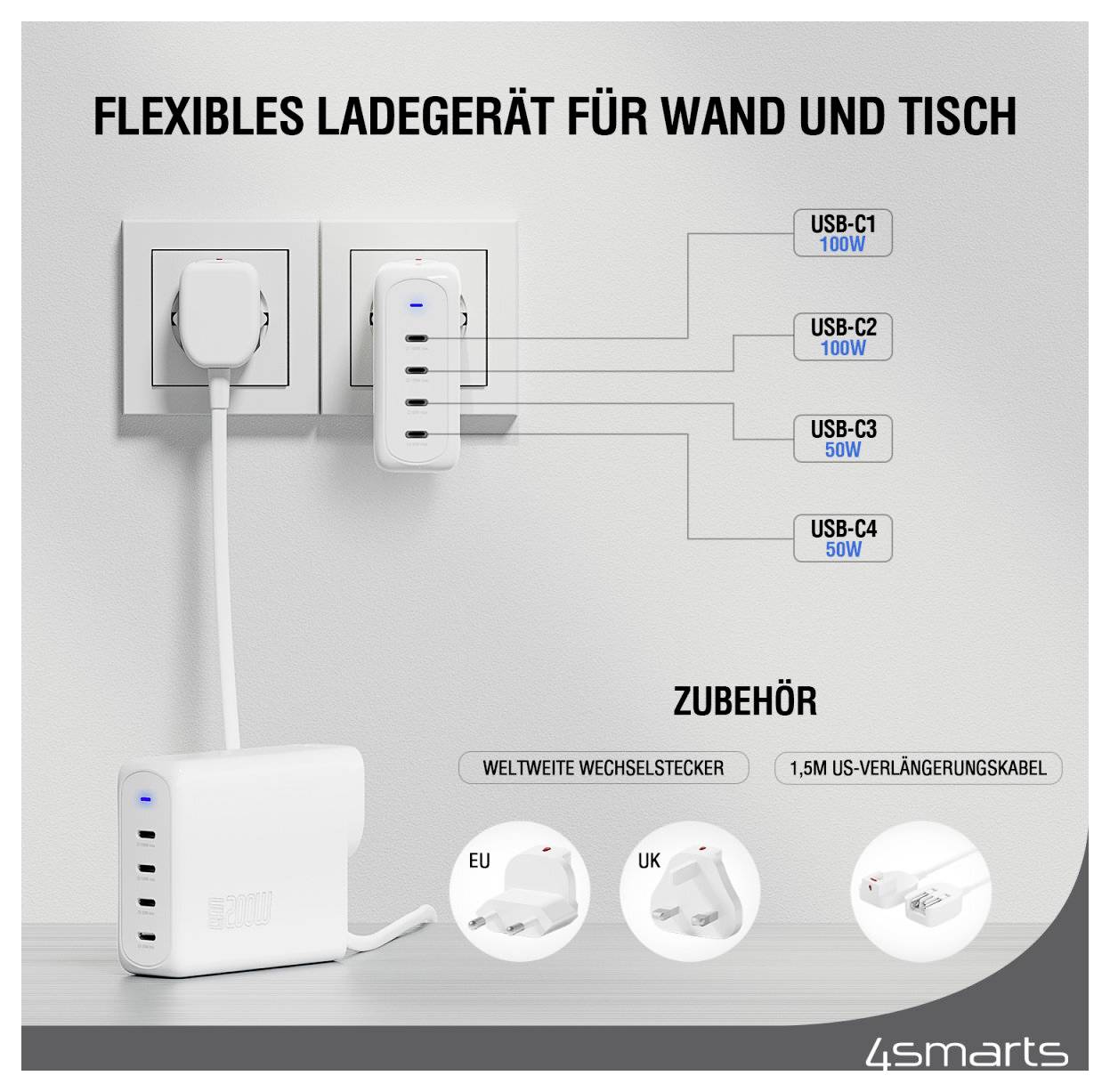 4Smarts USB Ladegerät 200 W USB-C® USB PD Weiß Innenbereich GaN, USB Power Delivery (USB-PD)-1