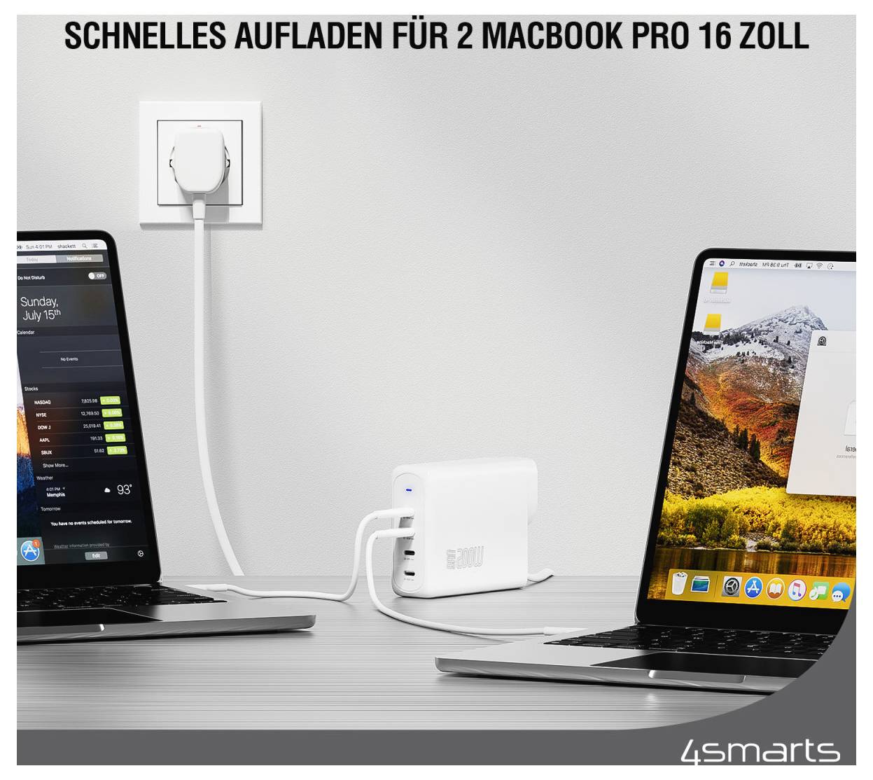 Schnelles Aufladen für 2 MacBook Pro 16 Zoll<br><br>Werbeanzeige zeigt zwei MacBook Pro 16-Zoll-Laptops, die über eine Wandsteckdose mit einem kompakten weißen Netzteil geladen werden.