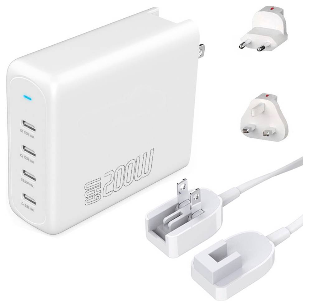 Weißer 200W-Netzteil mit mehreren USB-C-Anschlüssen, UK-Steckerköpfen und abnehmbaren Ladekabeln auf weißem Hintergrund.