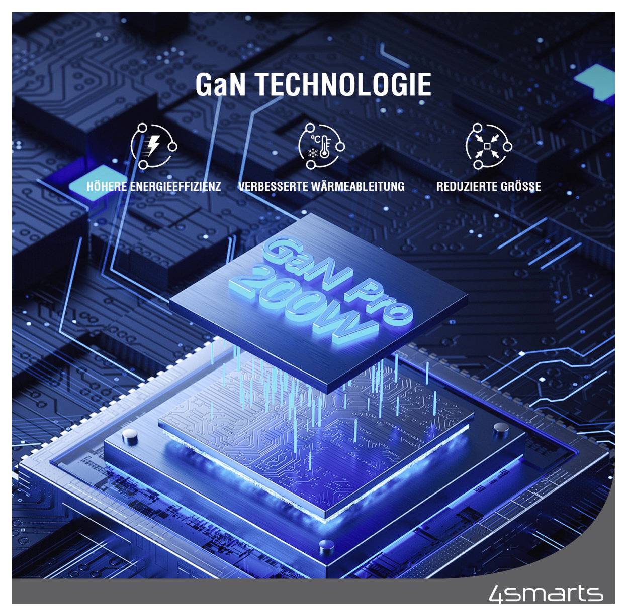 Grafik eines GaN-Technologie-Chips mit der Bezeichnung "GaN Pro 200W", der höhere Energieeffizienz, bessere Wärmeableitung und kleinere Größe hervorhebt.