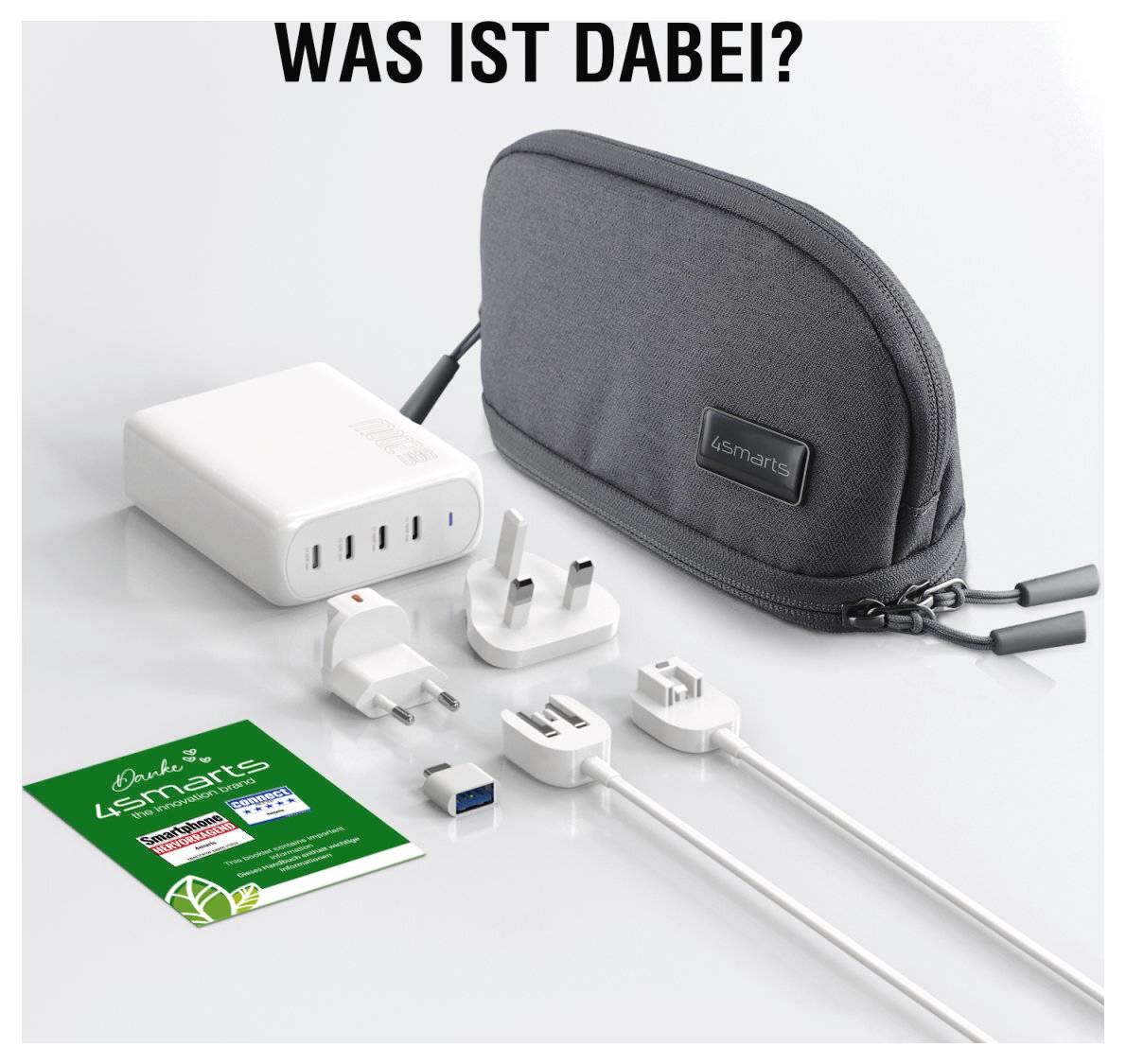 Reiseadapter-Set mit Transporttasche, Ladehub, austauschbaren Steckern und Kabeln, beschriftet mit „WAS IST DABEI?" und 4smarts.