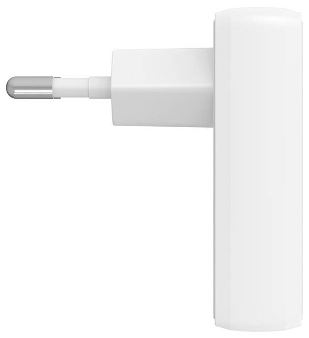 Weißer zweipoliger Elektrostecker-Adapter mit abgerundetem Gehäuse, in Seitenansicht auf einem einfachen Hintergrund dargestellt.