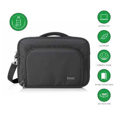 Schwarze Laptop-Tasche mit Schultergurt; Symbole zeigen aus recyceltem Kunststoff hergestellt, passt für 13-14" Laptops, leicht, Muschel-Design, kofferkompatibel, 360°-Schutz.