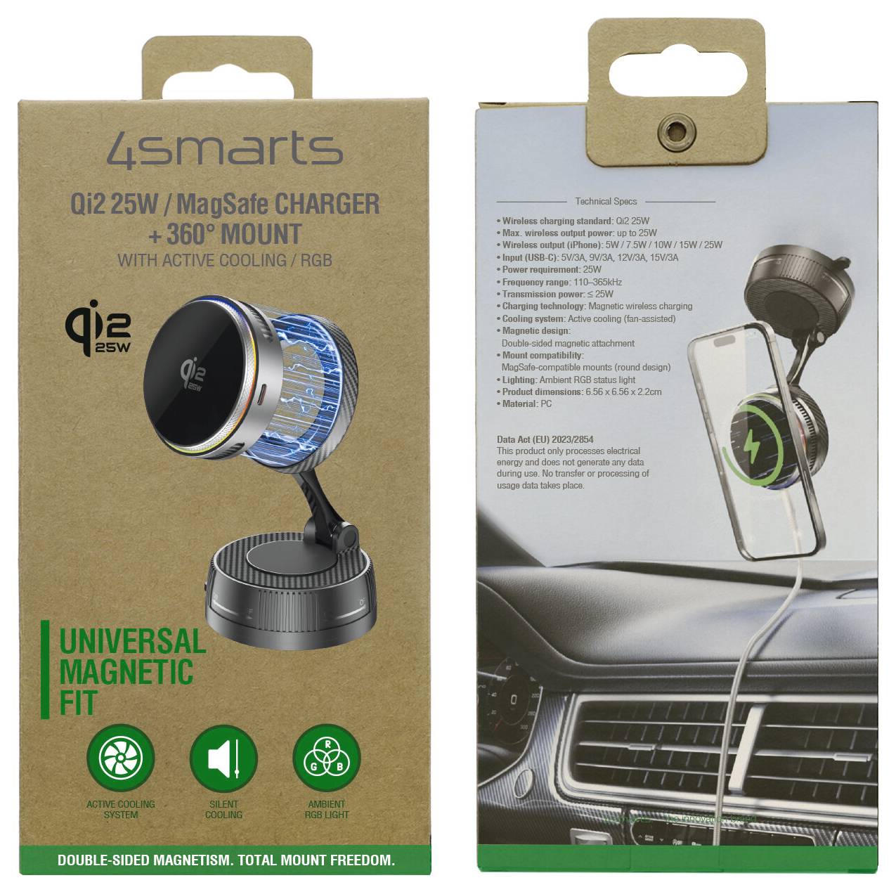 Produktverpackung für einen 4smarts Qi2 25W MagSafe-Ladegerät mit 360°-Halterung und aktiver Kühlung, das den magnetischen Telefonhalter in einem Auto-Armaturenbrett-Setup zeigt.