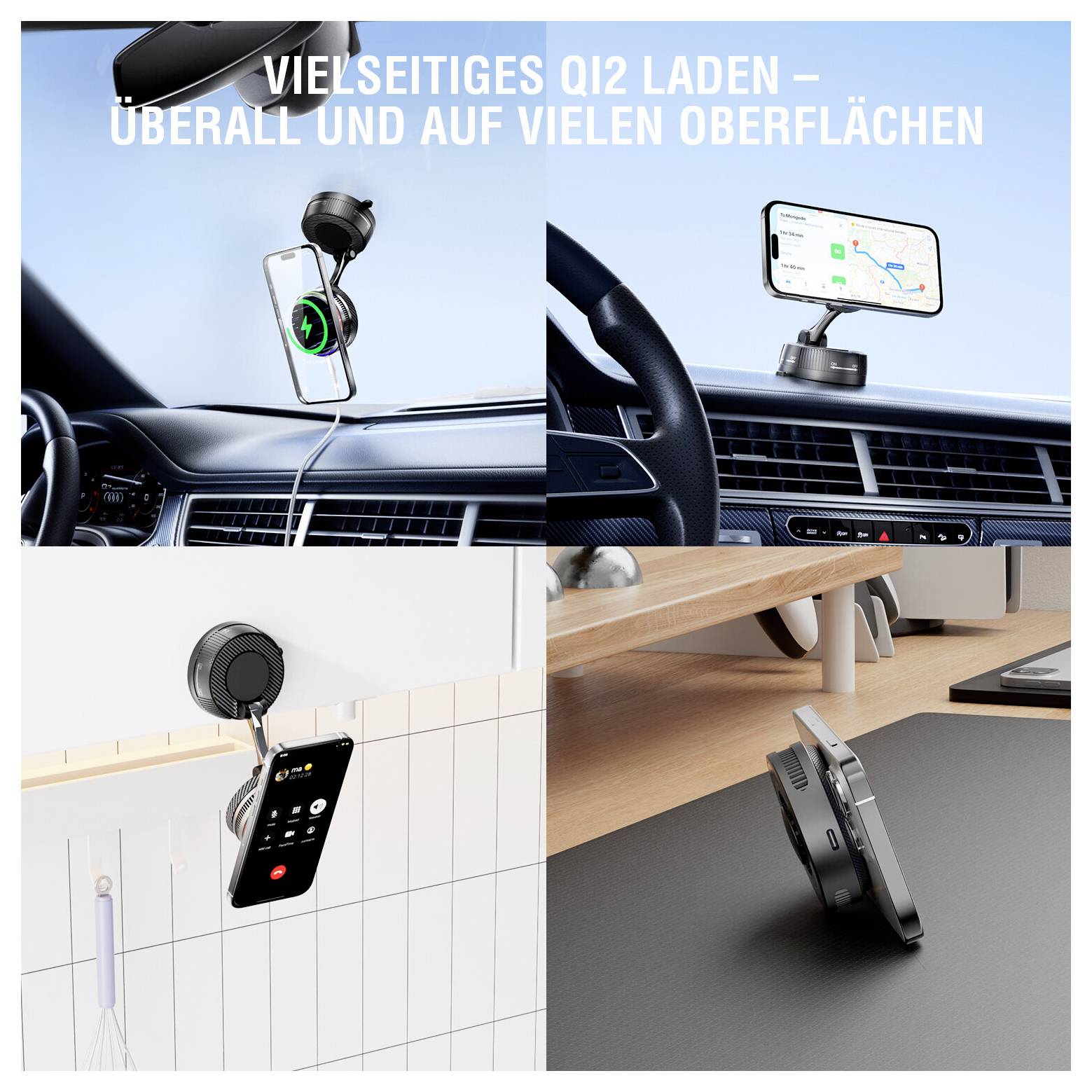 Collage zeigt ein magnetisches kabelloses Handyladegerät in vier Positionen: Armaturenbrett, Lüftung, Badezimmerwand und Schreibtisch. Der Text lautet „VIELSEITIGES QI2 LADEN - ÜBERALL UND AUF VIELEN OBERFLÄCHEN"