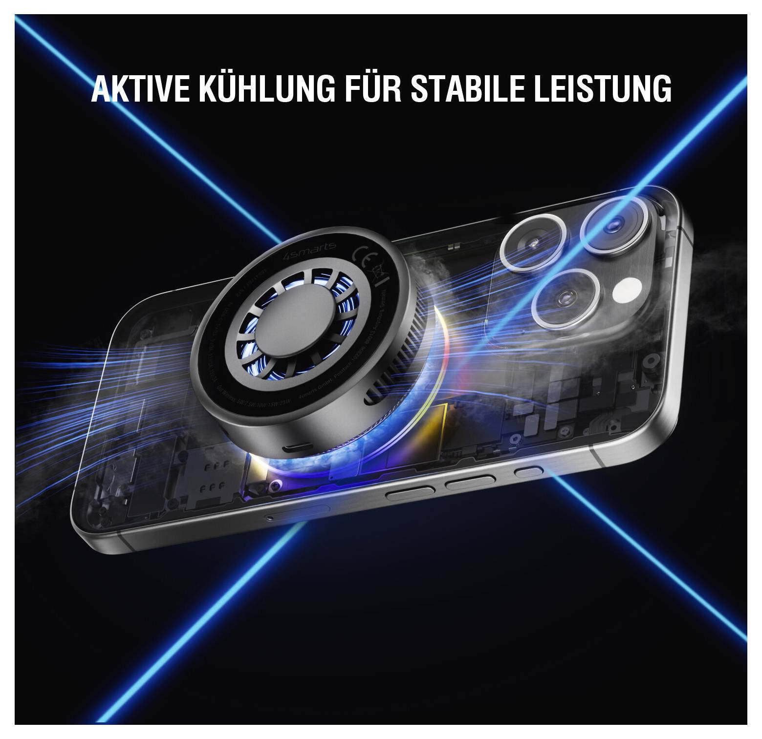 Smartphone mit externem Kühlventilator und blauen Lichtstreifen, die „AKTIVE KÜHLUNG FÜR STABILE LEISTUNG" für stabile Leistung bewerben.