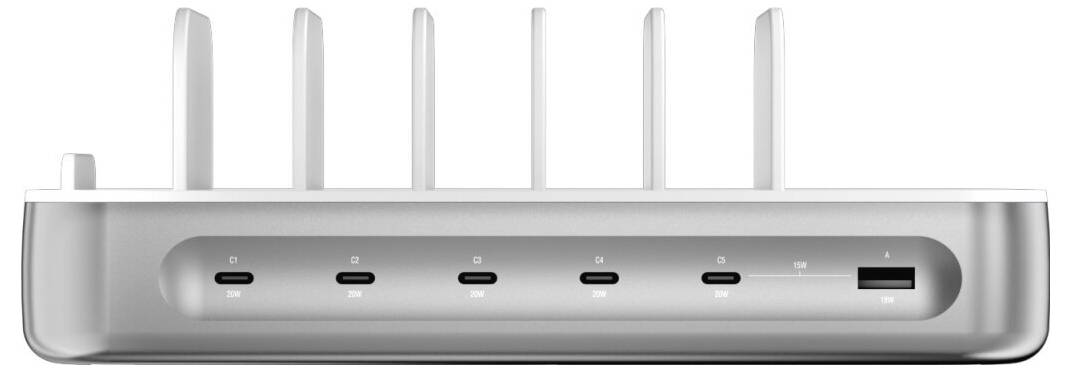 Vorderansicht eines silbernen kabellosen Routers mit sechs senkrechten Antennen, vier Statusleuchten und einem USB-Anschluss auf der rechten Seite.